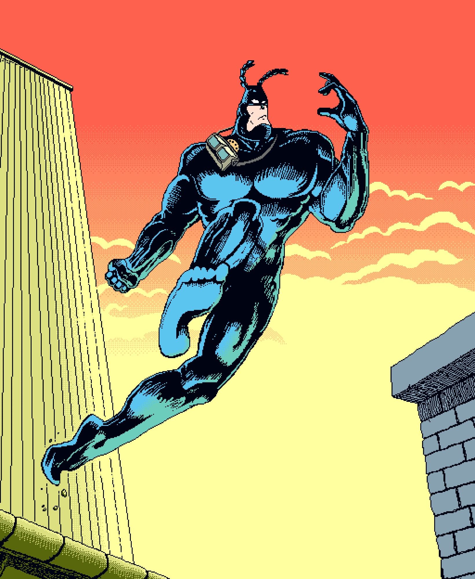 pixel art illustration of a comic page, depicting the superhero The Tick bounding across rooftops, rocks kicking up behind him by his foot, and a skyscraper in the background against a dramatic yellow and red sunset sky with clouds. The Tick is very muscular, has a square jaw, antennae at the top of his head, and a skintight blue suit
