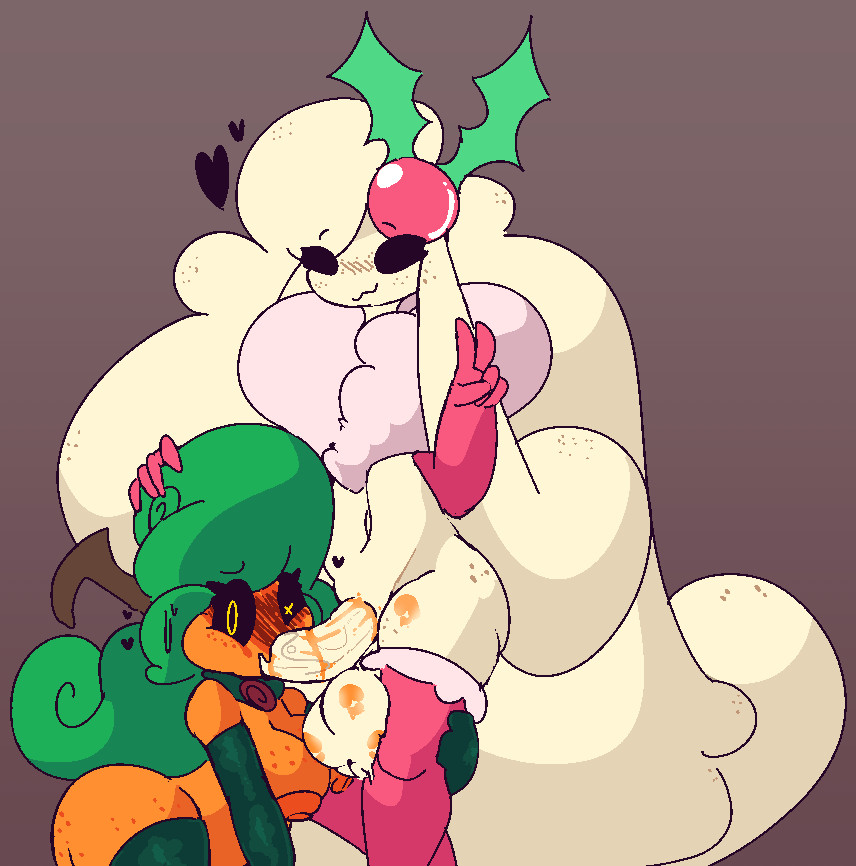 My pumpkin OC, Duchess, sucking off my Eggnog OC, Milkdud. Milkdud is cute and smug while duchess is bashful and struggling to suck down Milkdud's big cock.