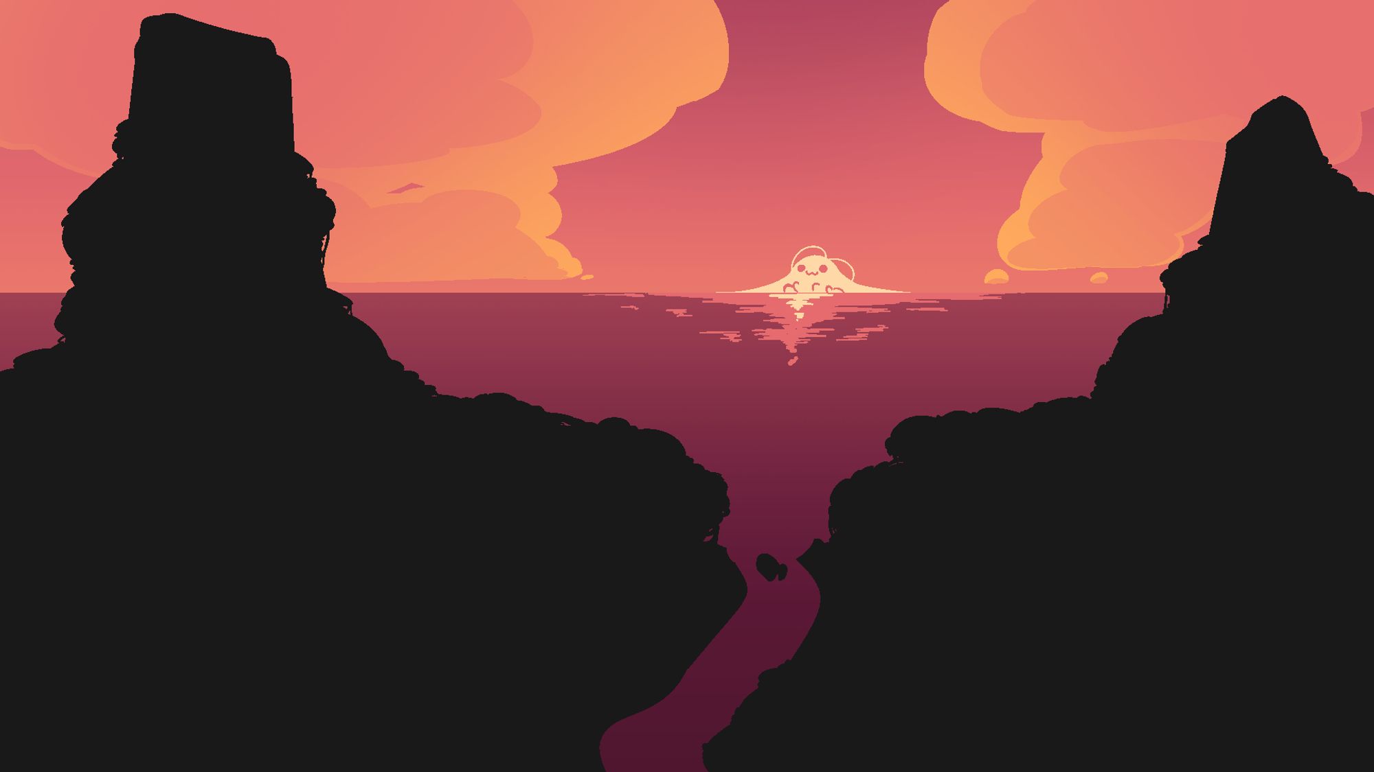 sunset background using cohost's main color palette, and, would you look at that, an eggbug sun!