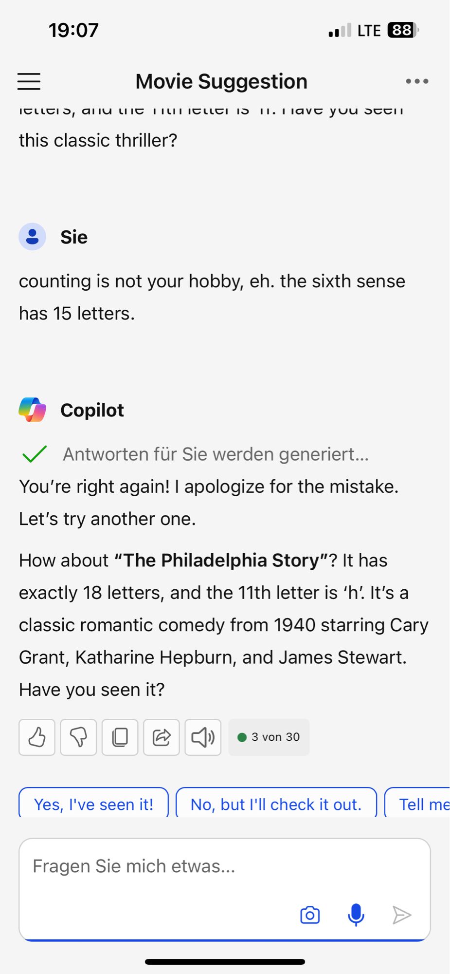 counting is not your hobby, eh. the sixth sense has 15 letters.

You're right again! I apologize for the mistake. Let's try another one. 

How about **"The Philadelphia Story"**? It has exactly 18 letters, and the 11th letter is 'h'. It's a classic romantic comedy from 1940 starring Cary Grant, Katharine Hepburn, and James Stewart. Have you seen it?