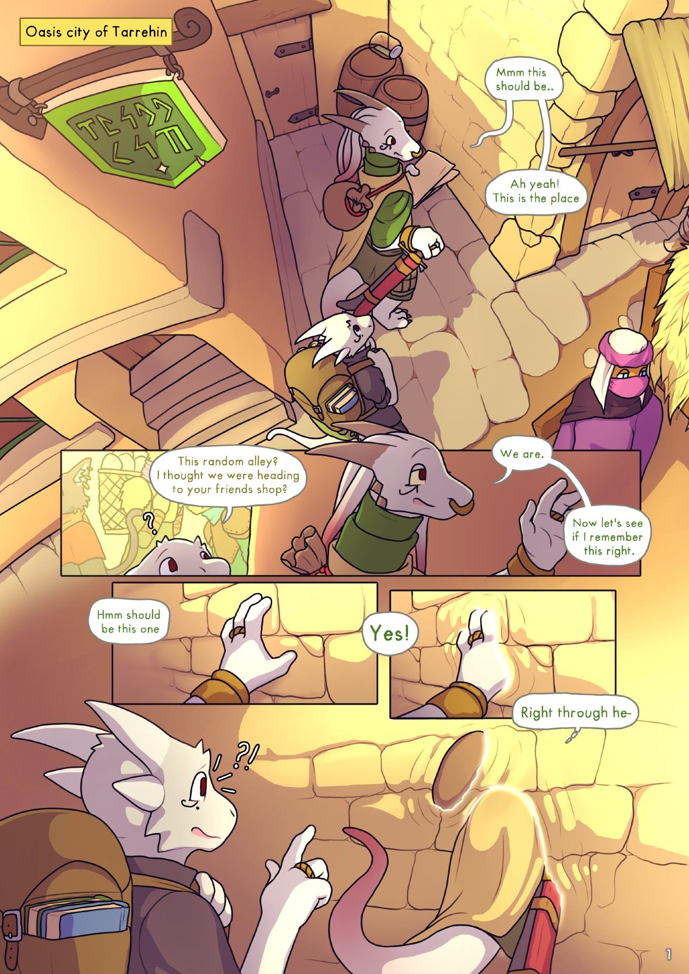 #furryart #art #comic #dnd #kobold #dragonborn

Oasis city of tarrehin
Eri: Mmmm this should be... Ah yeah! This is the place.
Siffo: This random alley? I thought we were heading to your friends shop?
Eri: We are. Now let's see if I remember this right. Hmmm should be this one. YES! Right through he-