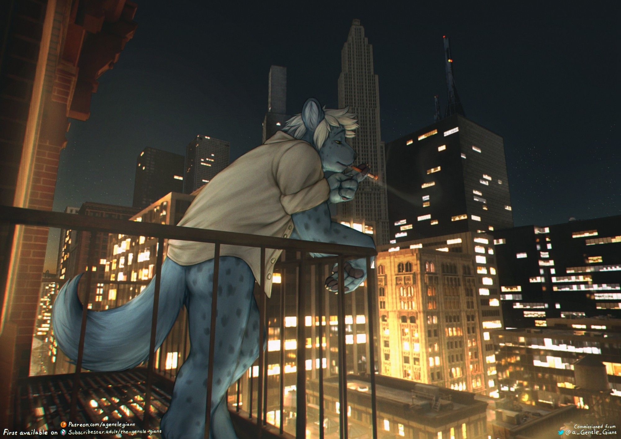 #furryart #art #hyena # city scape #night #smoking 

Kraven bottomless out on the balcony having a smoke as the city bustles bellow and some stars break through the smog above.