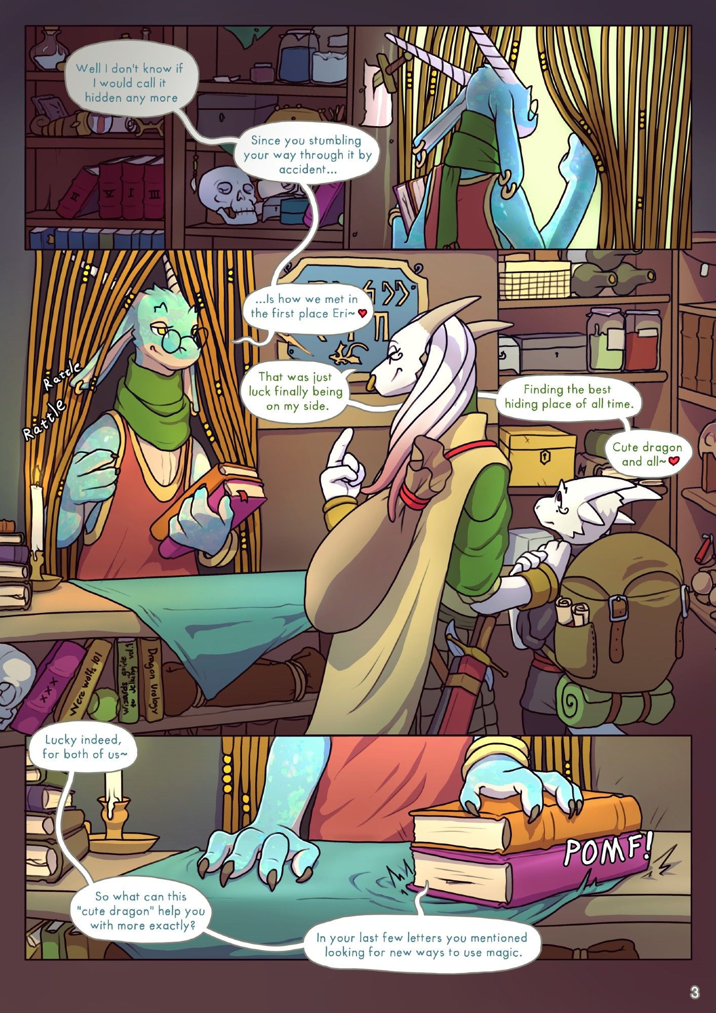 #dnd #comic #dragon #kobold #dragonborn

Lapal well I don't know if I would call it hidden any more. Since you stumbling your way through it by accident... ...is how we met in the first place Eri~ ♥
Eri: That was just luck finally being on my side. Finding the best hiding place of all time. Cute dragon and all~ ♥
Lapal: Lucky indeed, for both of us~ So what can this "cute dragon" help you with more exactly? In your last few letters, you mentioned looking for new ways to use magic.