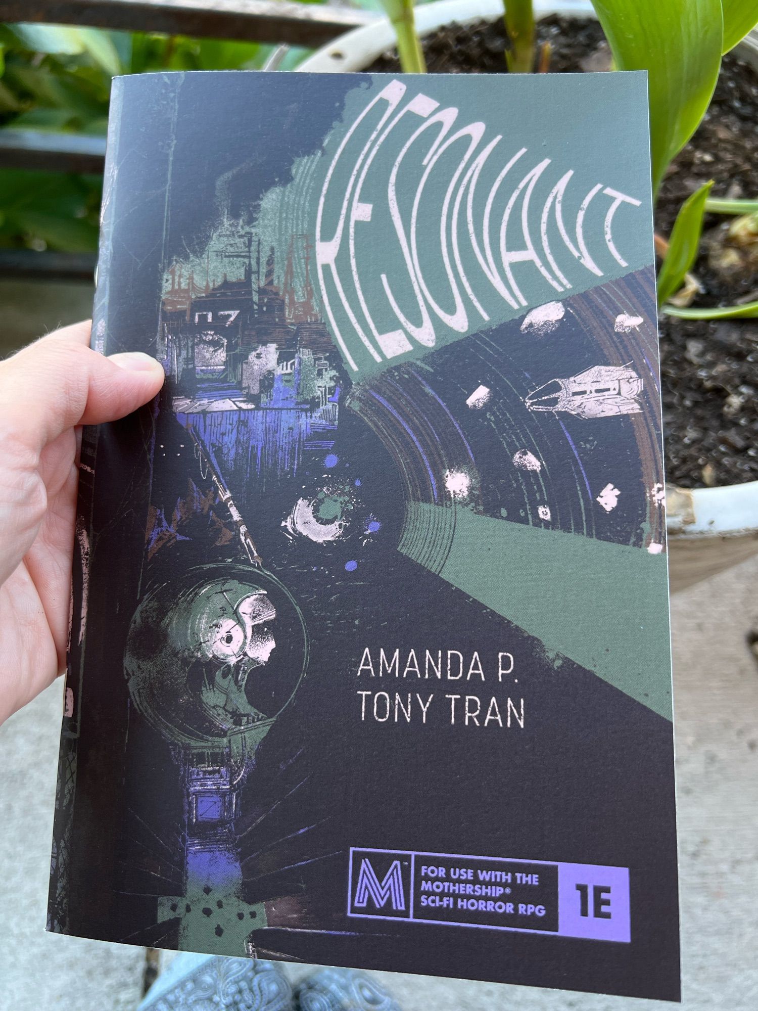 Cover of Resonant by Amanda P. And Tony Tran. “For use with the Mothership Sci-fi Horror RPG.” Cover is mostly black with bluish and green illustration