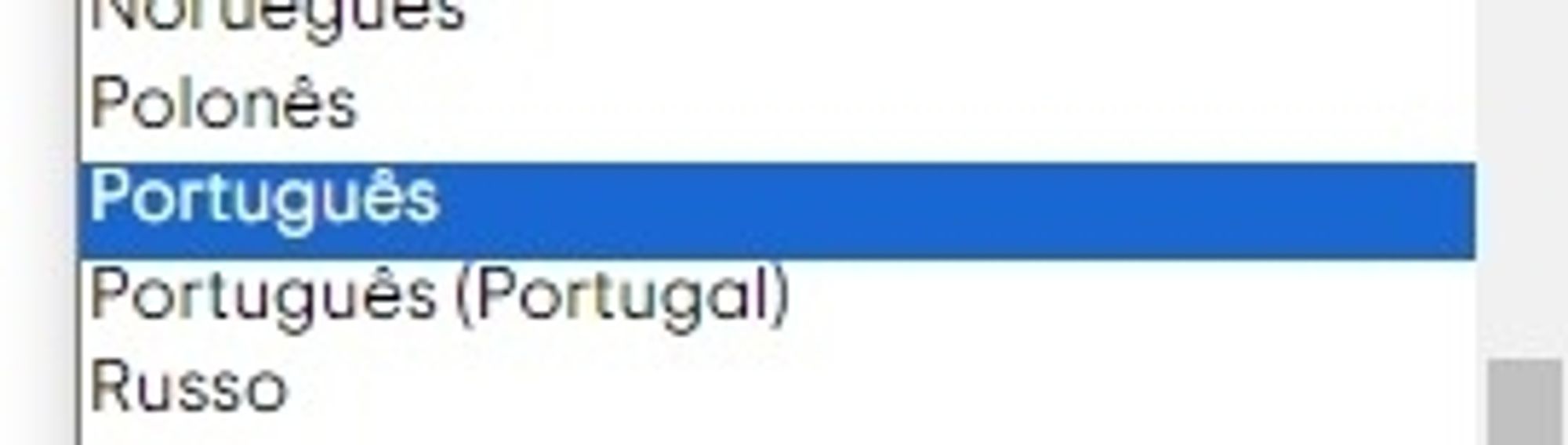 Seleção de menu mostra as opções Português e Português *parênteses* Portugal.