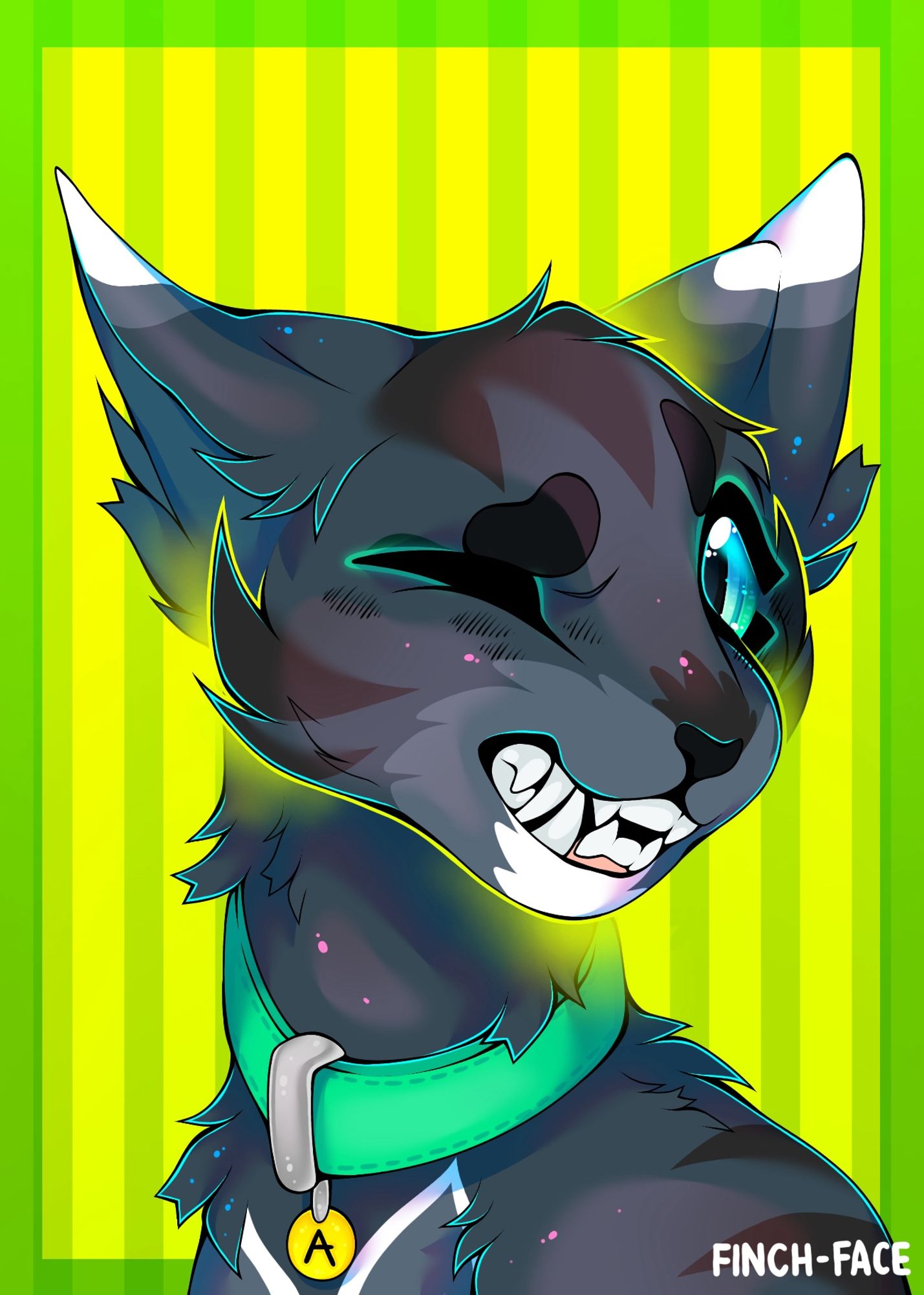 Cat OC facing right. They’re a grey and brown tabby with white ear tips, and a bright green collar with a tag that has an ‘A’ on it. They’re winking and have a cheeky grin on their face.