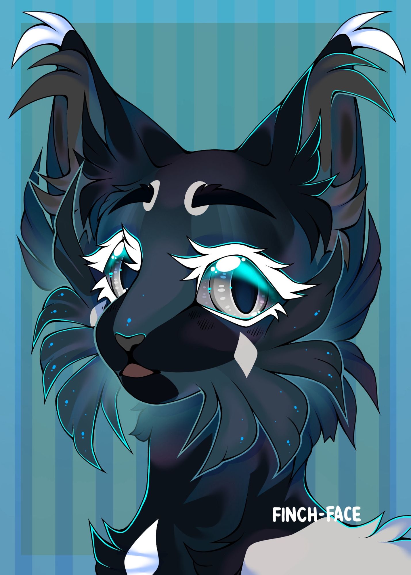 Warrior Cat OC facing left, based on magpies. They are very fluffy, black and blue gradients with white diamond markings under their eyes and white lasted. They’ve got a curious expression on their face.