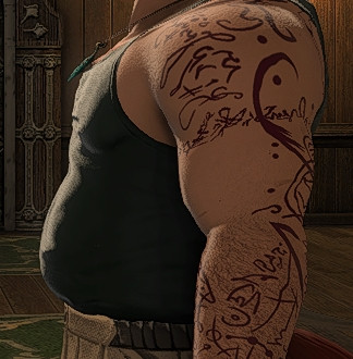 Reference shot of Y'orhen showcasing the arcane tattoos on his arms and his chubby proportions.