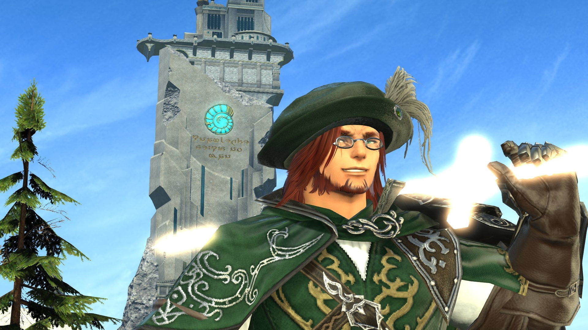 Red haired miqo'te named Y'orhen wearing a green cloak, hat, and doublet standing with the Idyllshire tower prominently in the background. Holding a sword made of pure magic over his shoulder with a confident grin 