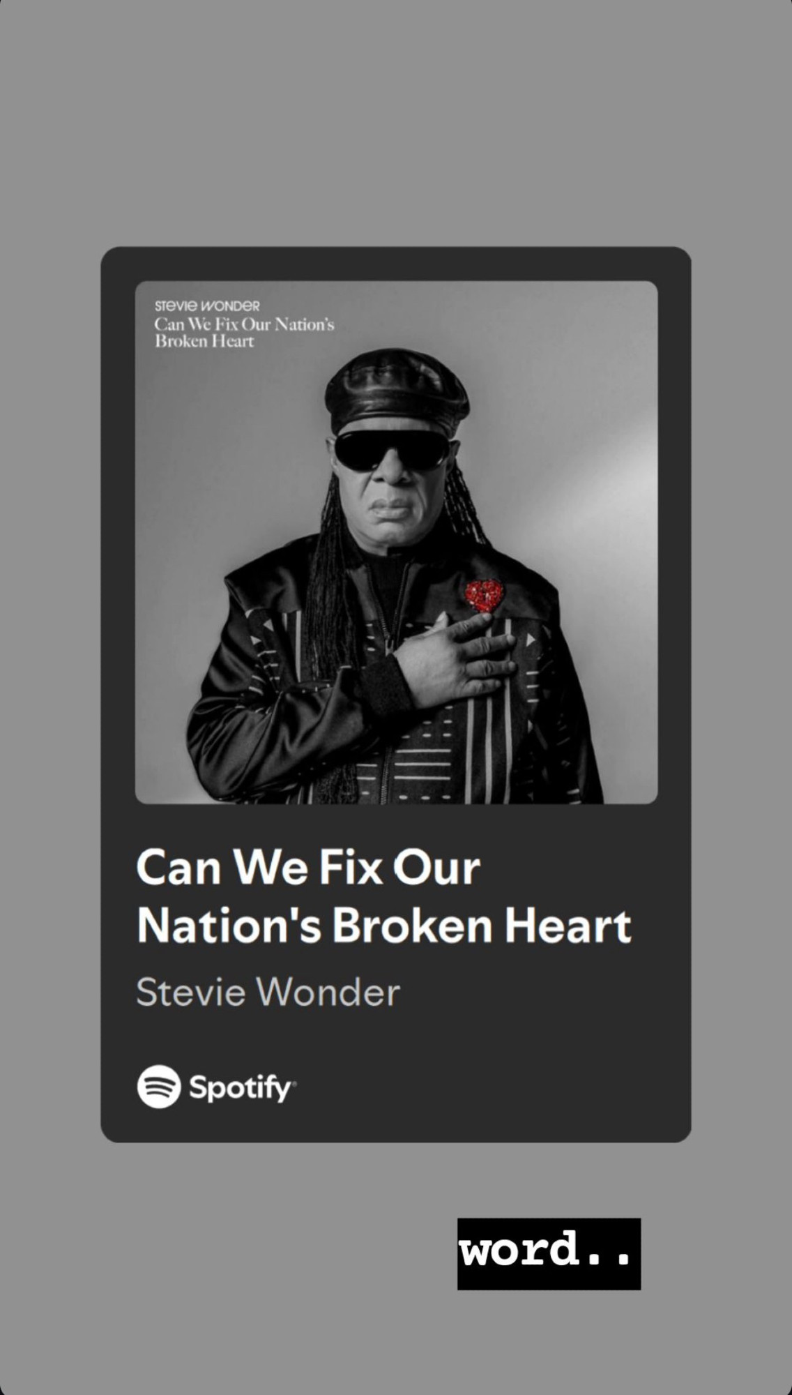 Instagram post by Namjoon. It's a song recommendation of Can We Fix Our Nation's Broken Heart by Stevie Wonder. Namjoon comments "word.."