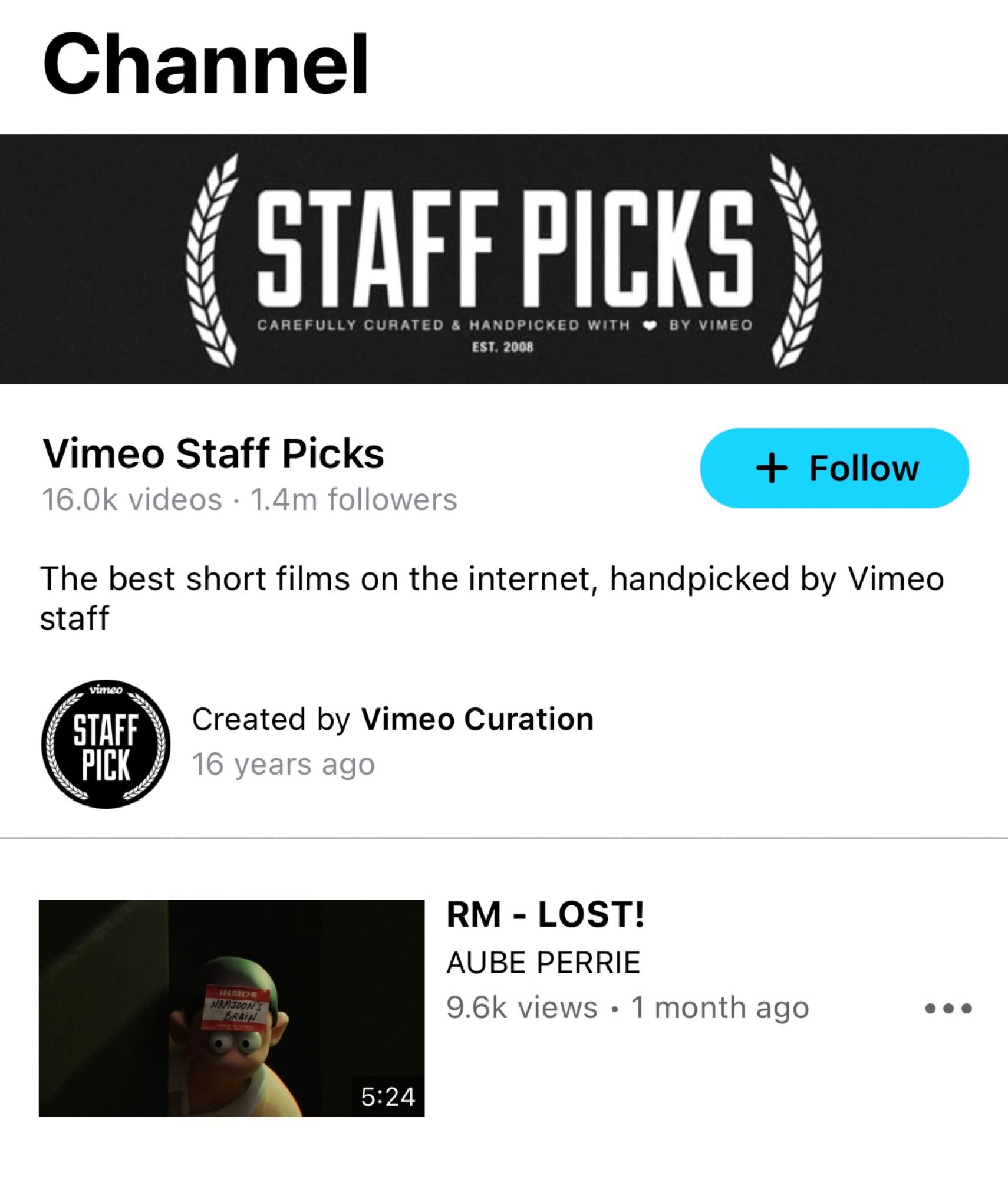 Screenshot of Vimeo staff picking Lost! by RM as hone of the best short films on the internet