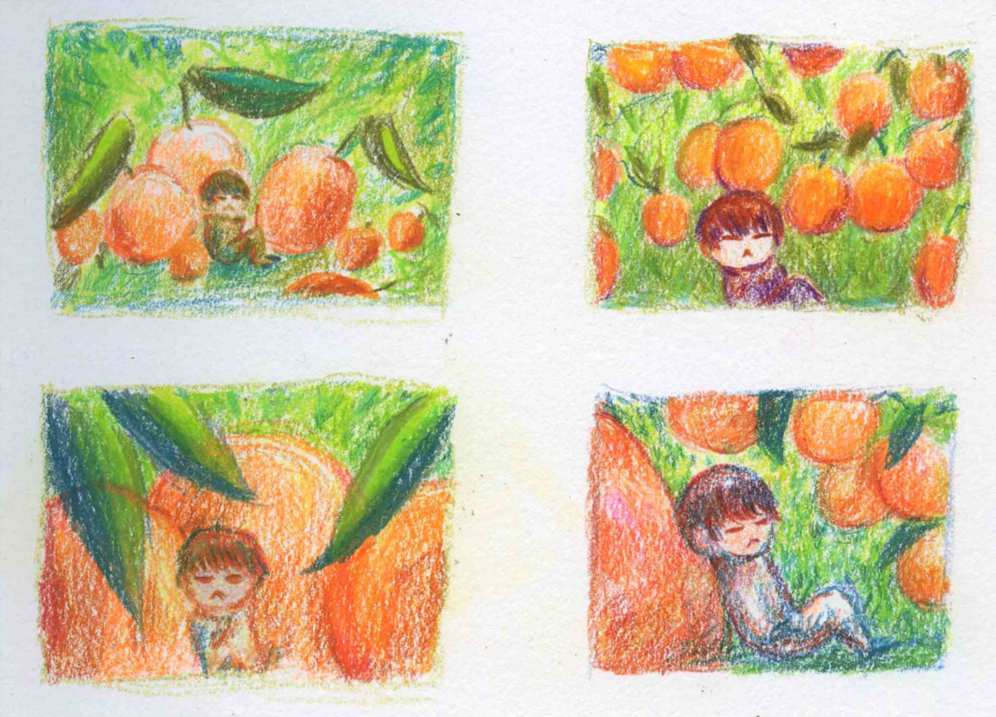 4 thumbnail sketches in colored pencils, depicting Yoongi and giant tangerines