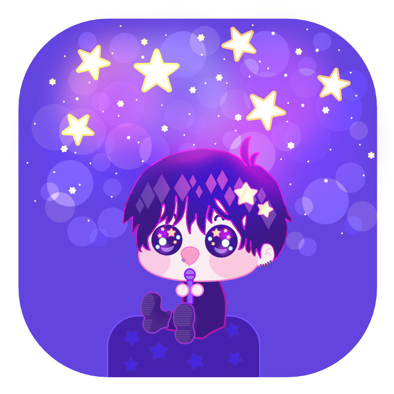 A stylized illustration of Jungkook. Lots of stars, lots of purple