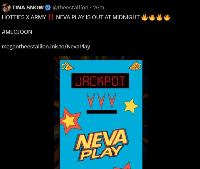 Megan Thee Stallion posting on twitter. It seems to be a small snippet of the song. We see a slotmachine with Jackpot written on it with the title Neva Play underneath it