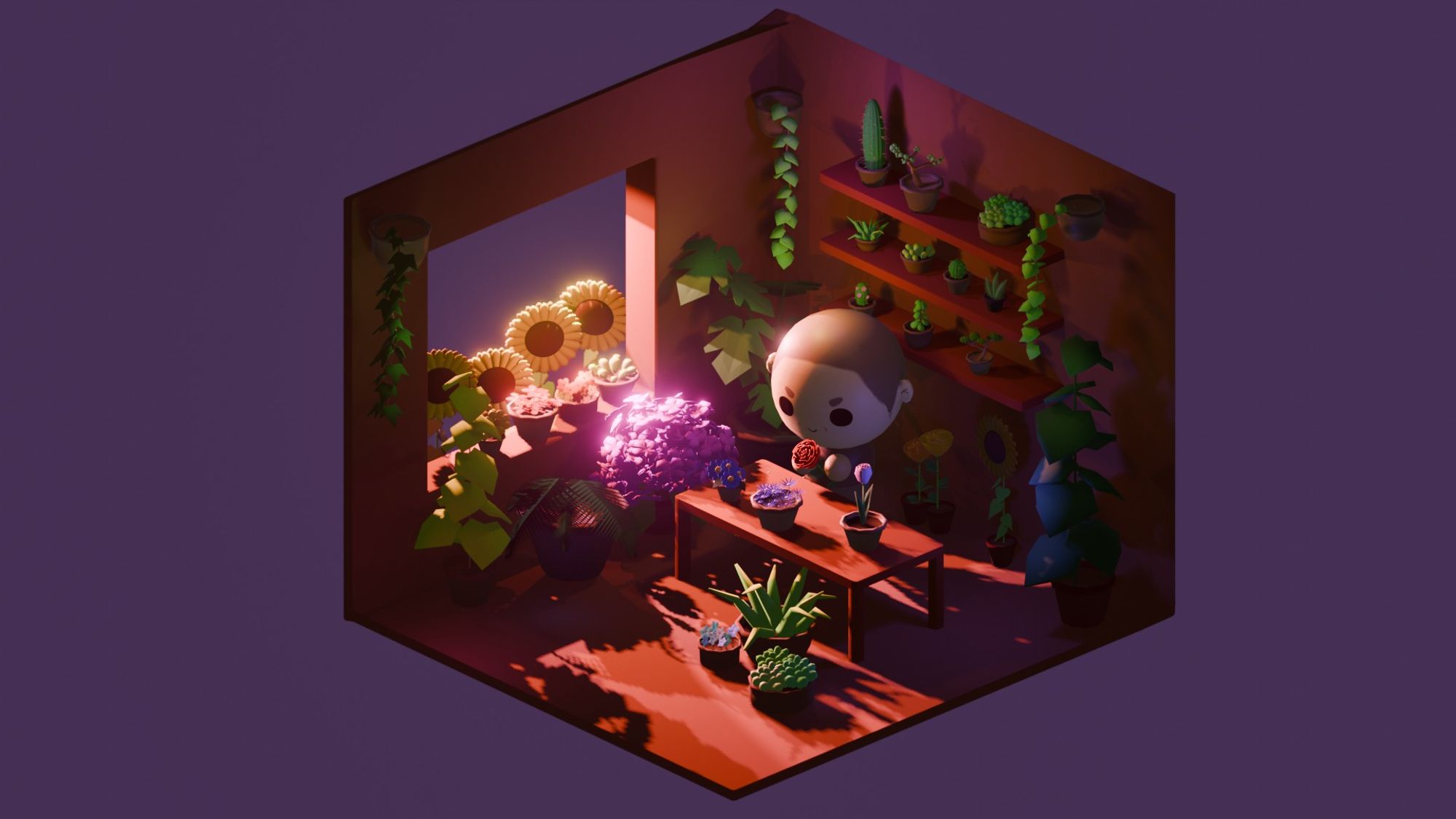 A stylized 3D illustration of buzz-cut Namjoon working in a flowershop. The sun is shining in from the window on the left, creating a blooming effect on some flowers and Namjoon's head. Lots of plants are behind Namjoon on the shelf and on the floor