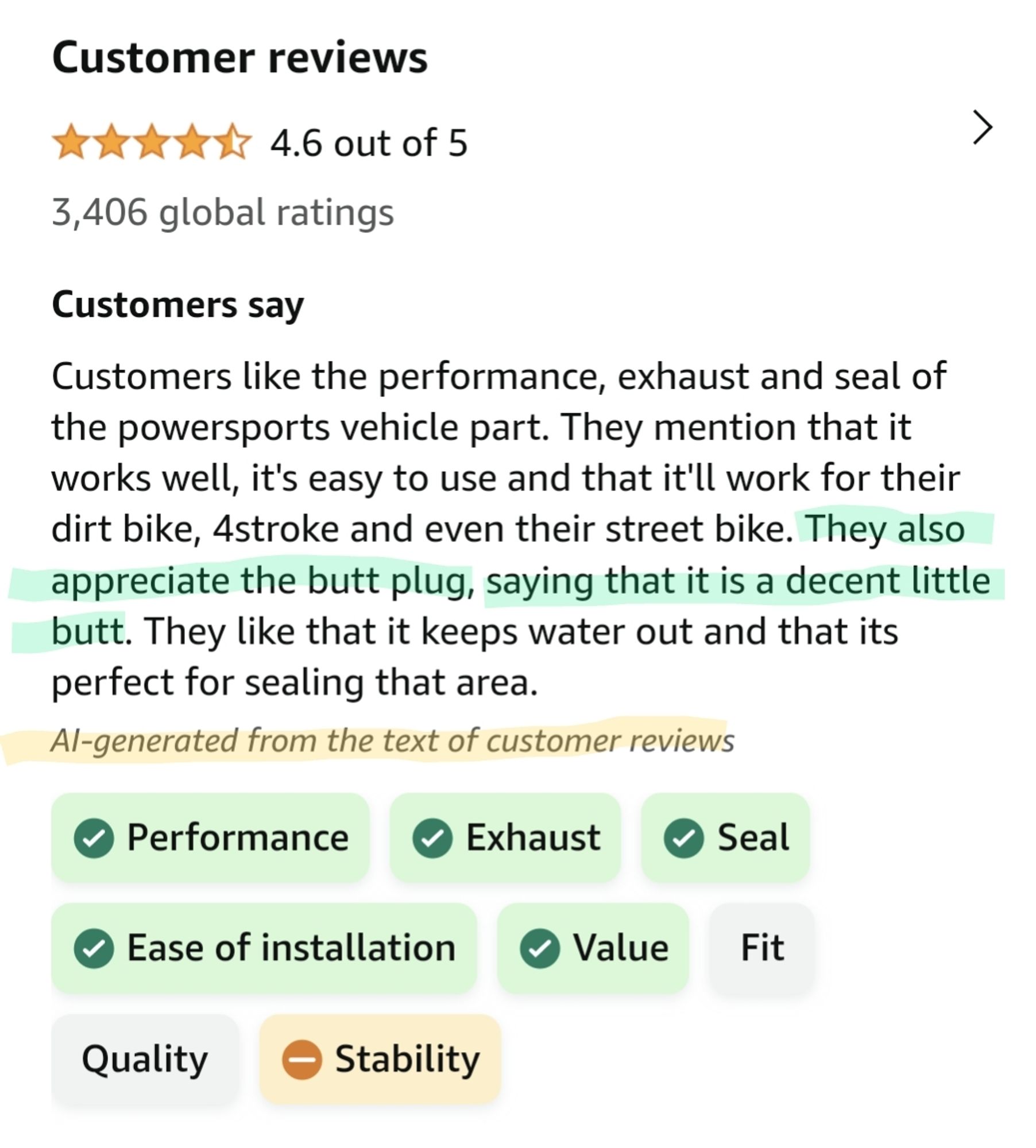 Screenshot of Amazon review header:

"Customers like the performance, exhaust and seal of the powersports vehicle part. They mention that it works well, it's easy to use and that it'll work for their dirt bike, 4stroke and even their street bike. They also appreciate the butt plug, saying that it is a decent little butt. They like that it keeps water out and that its perfect for sealing that area."

Highlighted "they also appreciate the butt plug" and "AI-generated from the text of customer reviews"