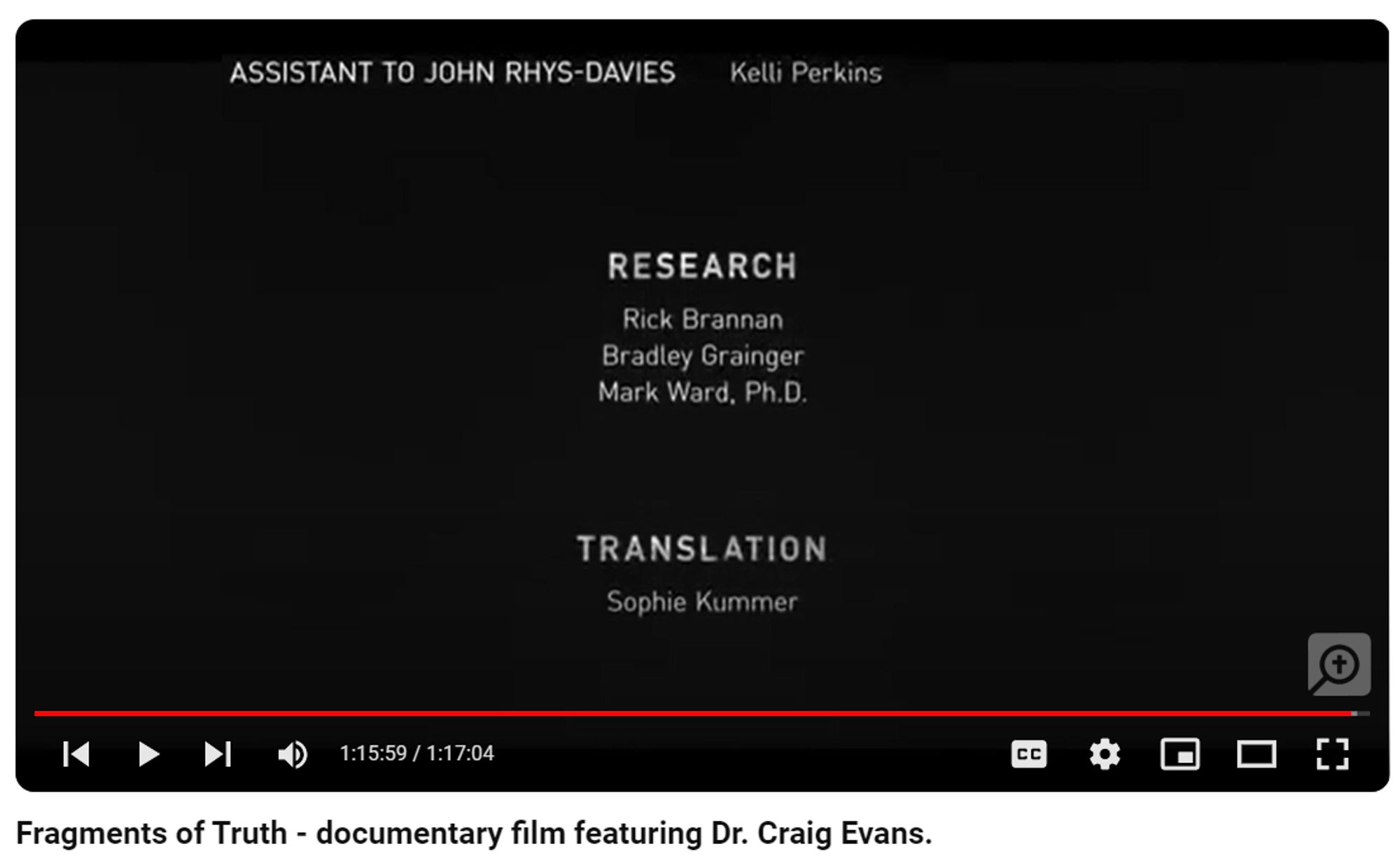 film credits, black background with white text centered. Heading of "Research" with the names "Rick Brannan", "Bradley Grainger", and "Mark Ward, Ph.D." centered underneath the heading.