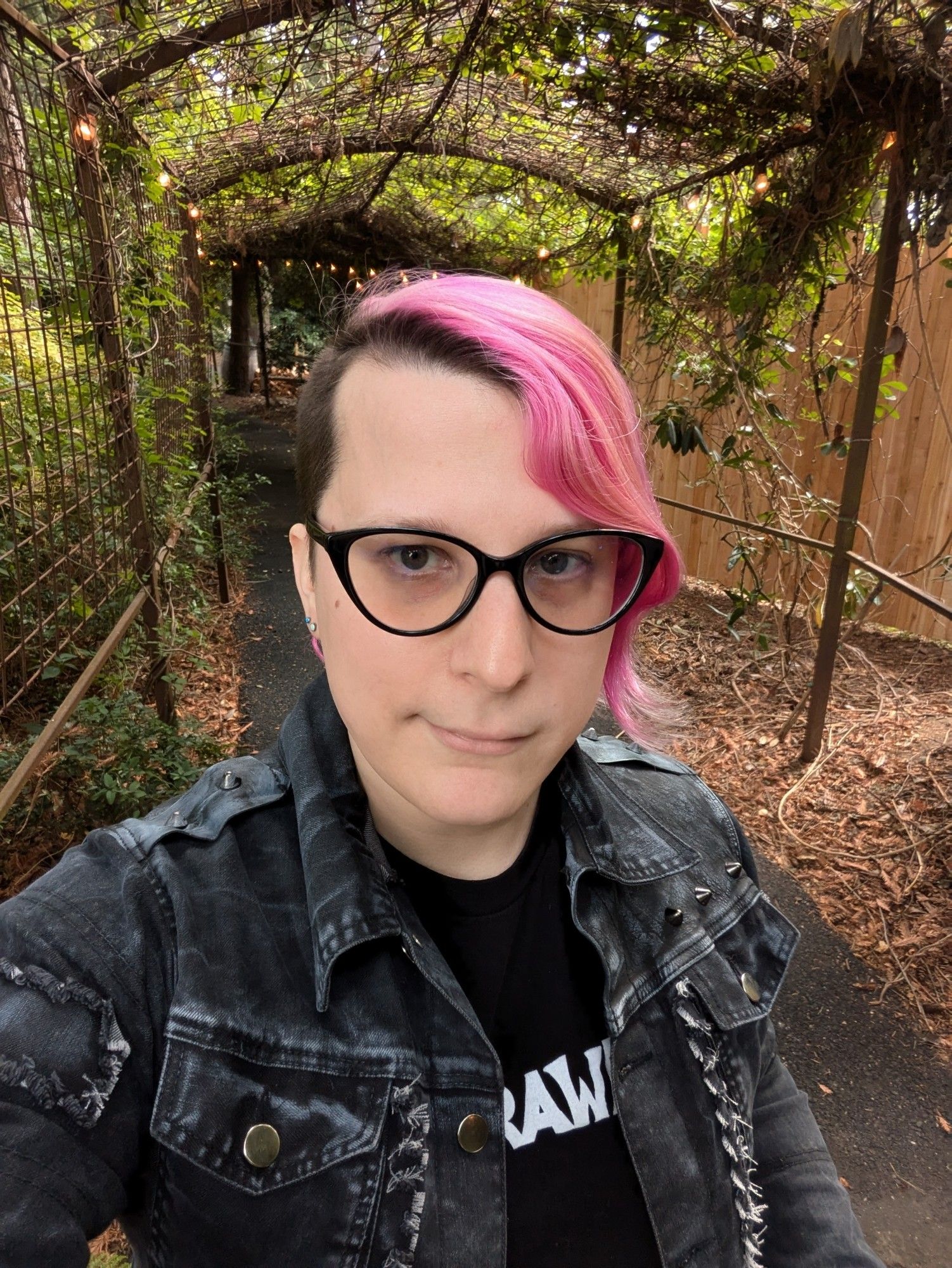 lowercase judy walking through a like, trellis tunnel lit by hanging bulbs, with vines weaving throughout its structure.

she's wearing a spiky dark gray jacket with frayed edges stitched in over a black Starcrawler t-shirt, and her magenta hair is fading nicely into lesbian colors, swept to her left.

sunlight filters in from above