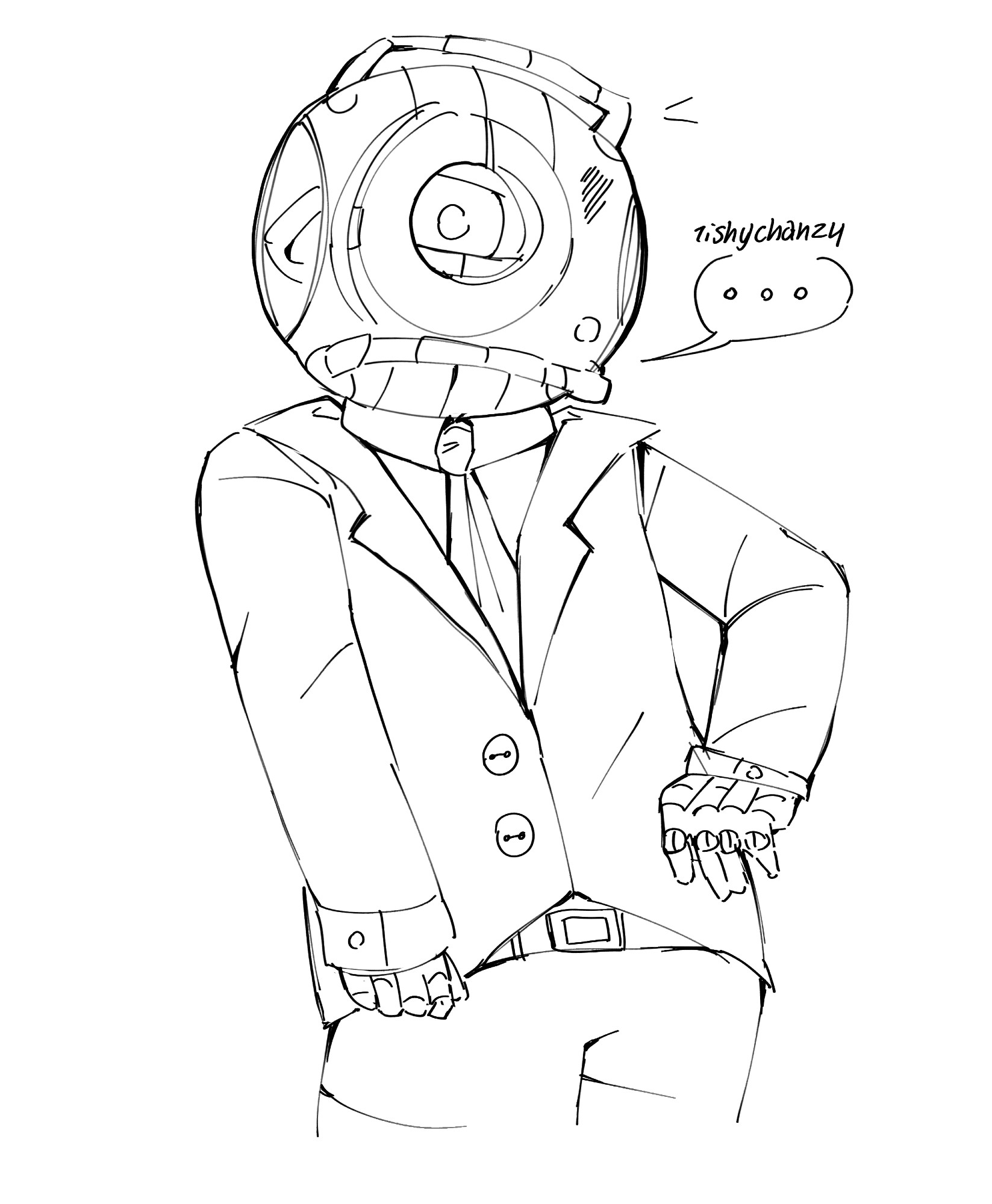 a drawing of wheatley from portal 2 with a human body in a classy suit. it is drawn digitally without colour. he is also looking very fashionable.