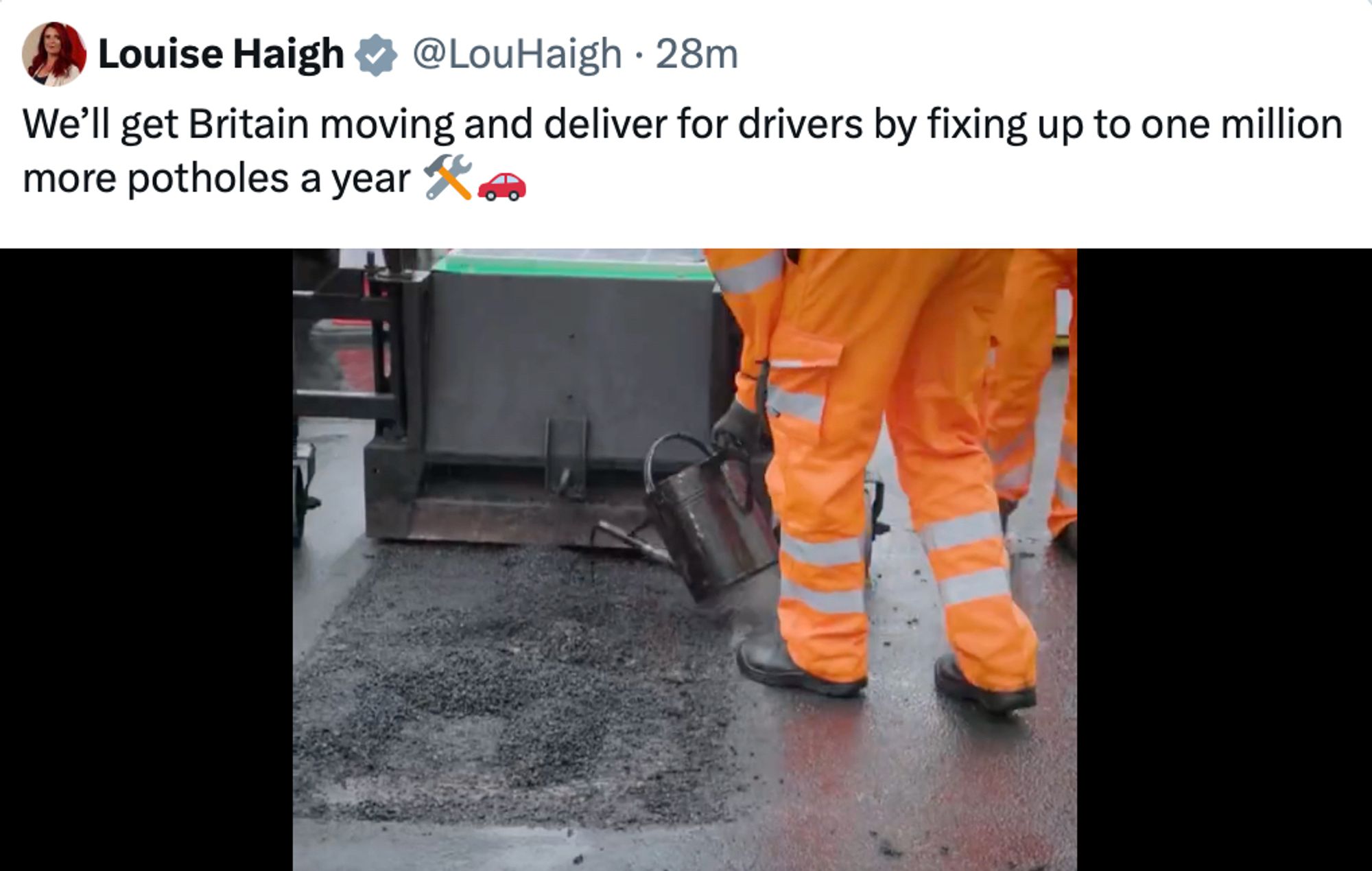 Social media post from Louise Haigh MP (Transport Secretary): "We'll get Britain moving and deliver for drivers by fixing up to one million more potholes a year". A still image from an accompanying video shows road workers fixing a pothole.