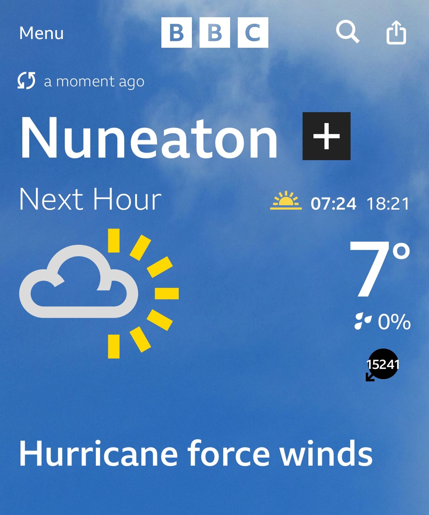 BBC Weather forecast showing an error in the wind speed, reading 15,241mph (yes, that's what it says), with the text "Hurricane force winds" - for Nuneaton, UK.