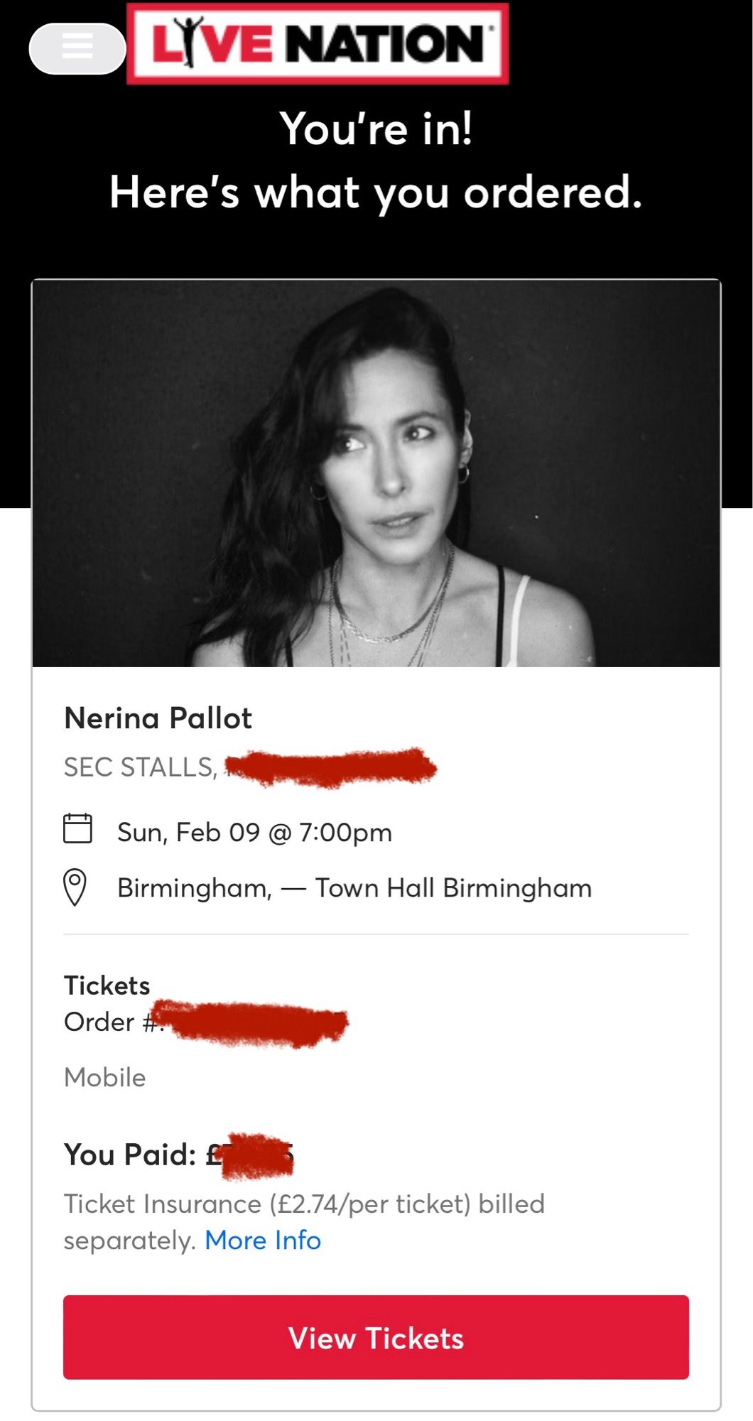 Edited screenshot of a ticket booking for Nerina Pallot at Birmingham Town Hall in February 2025