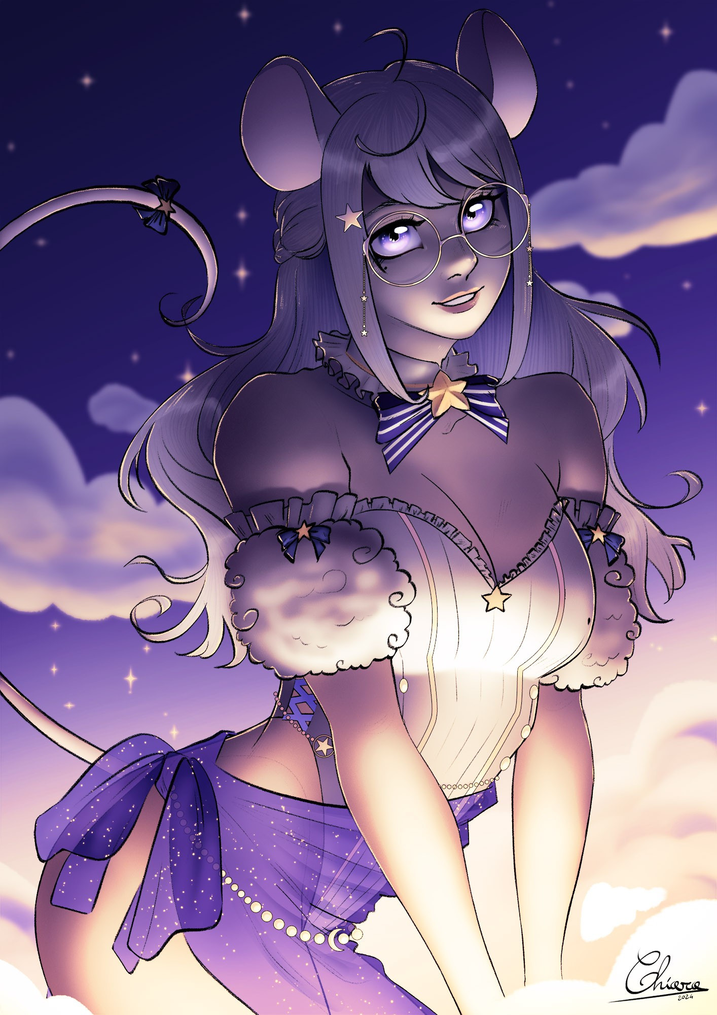 Mouse kemonomimi girl with round glasses and a cute outfit, resting on a cloud, surrounded by the night sky.