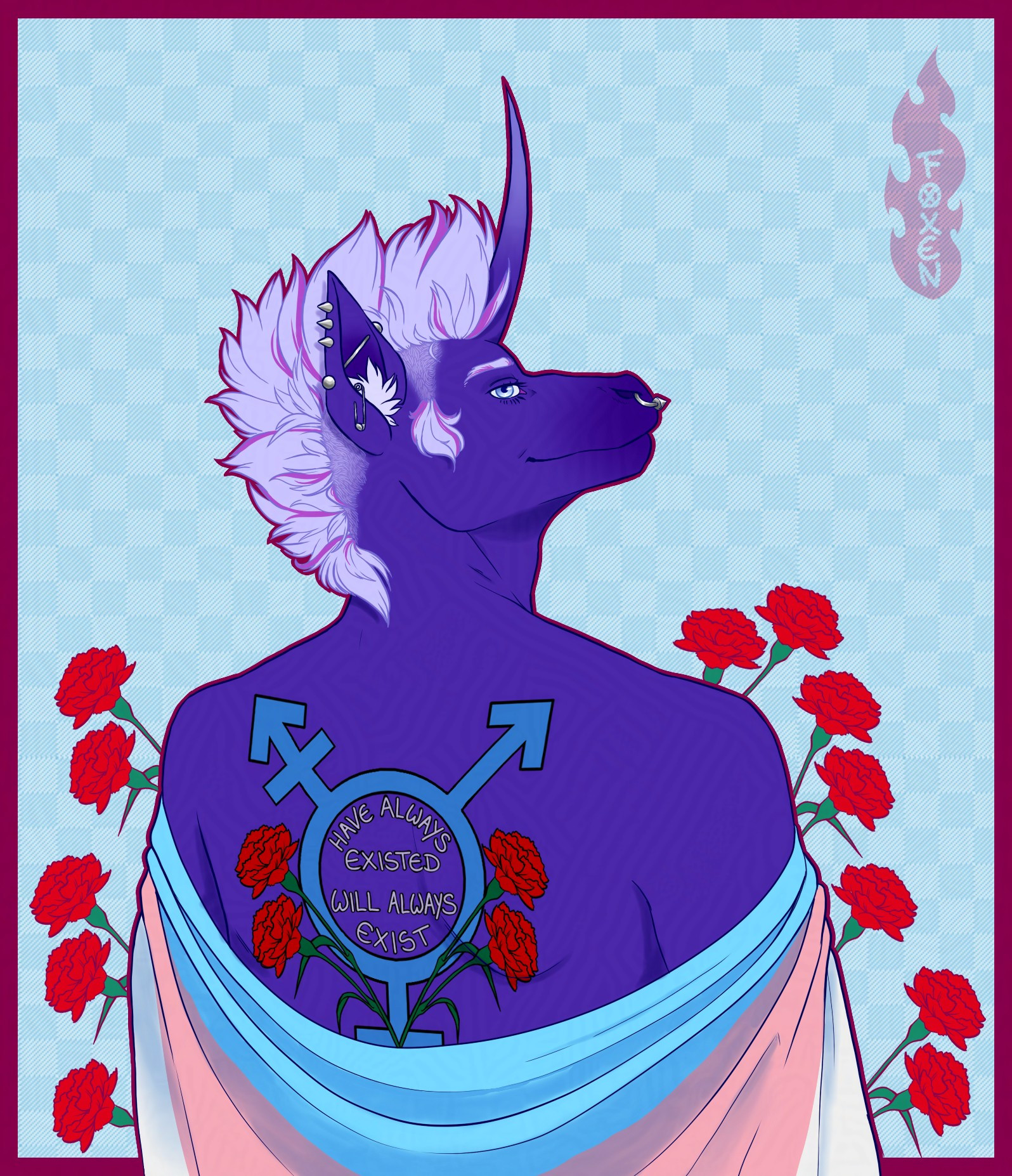 An anthropomorphic deep purple unicorn, named Monoceros, stands with their back mostly turned into view. Monoceros is looking over the shoulder with a smirk while draping a trans flag on their back but not covering the upper half, where there's a tattoo with the trans symbol and carnations on either side, and writing at the center that reads "have always existed, will always exist".