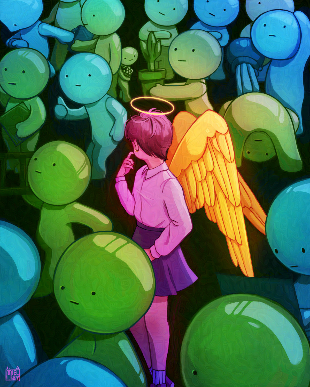 angel character surrounded by a crowd of smiskis