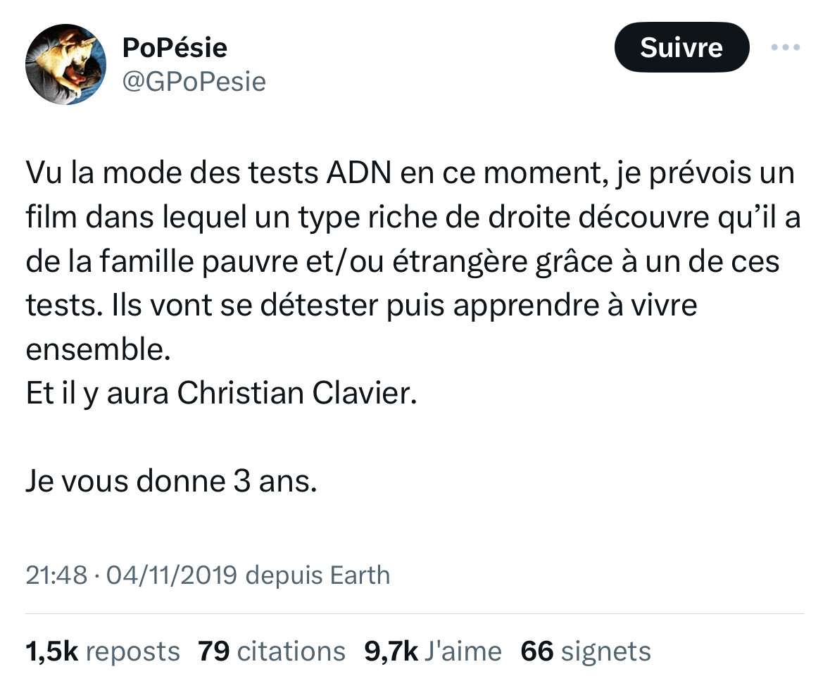 Tweet de @GPoPesie sur un film avec Christian Clavier et de l’ADN