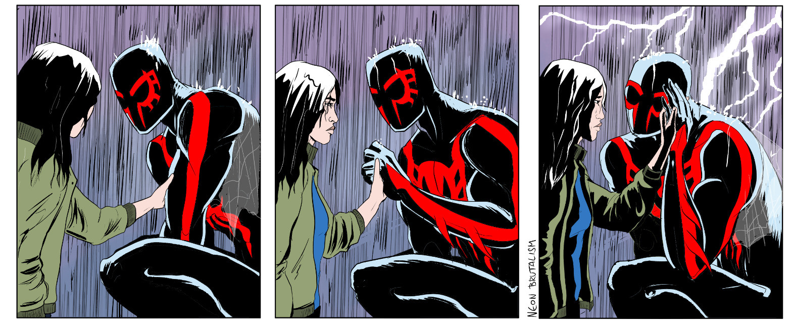 A three panel comic of Xina Kwan and Miguel O'Hara in his original comic spider-suit.
Panel 1 - Xina reaches out to Miguel, who is sitting in the rain. She holds on to his arm.
Panel 2 - She looks at him and he takes her hand that was holding his arm.
Panel 3 - Lightning flashes in the background as Miguel puts her hand to his face and leans into it.