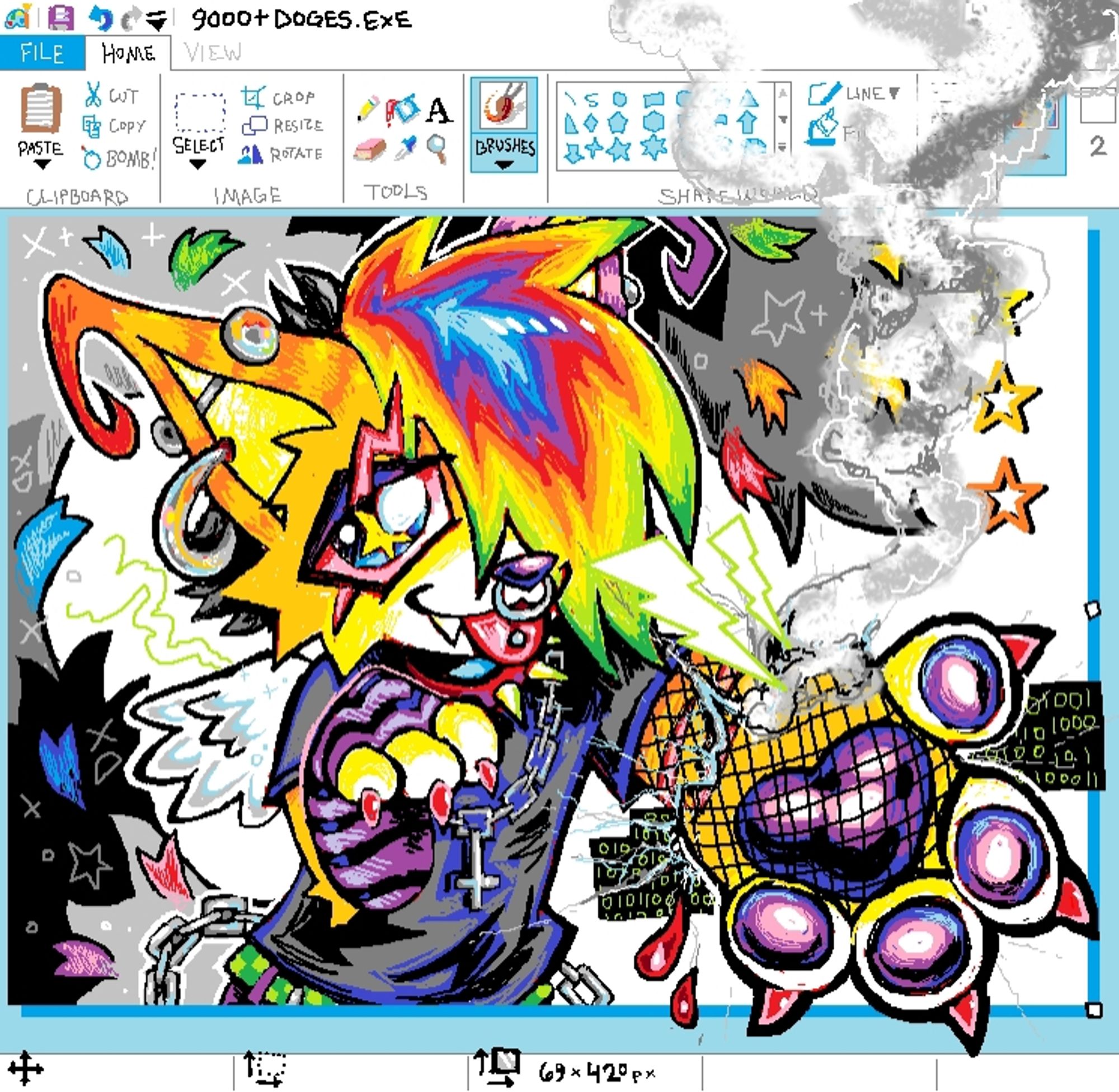 Drawing of a sparkledog in the ms paint UI reaching his hand out through the computer screen to the viewer