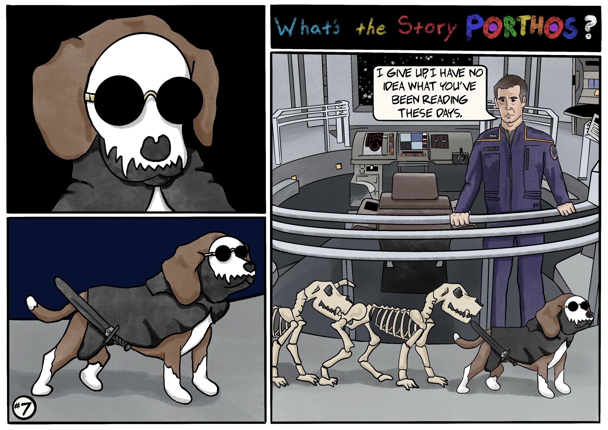 First panel: A beagle is wearing round dark sunglasses with his face painted as a skull.
Second panel: Zoom out to see that he is also wearing a black cloak and a sword at his waist.
Third panel: He is on the bridge of the Enterprise NX-01 followed by two dog skeletons with Archer looking on and saying, "I give up, I have no idea what you've been reading these days."