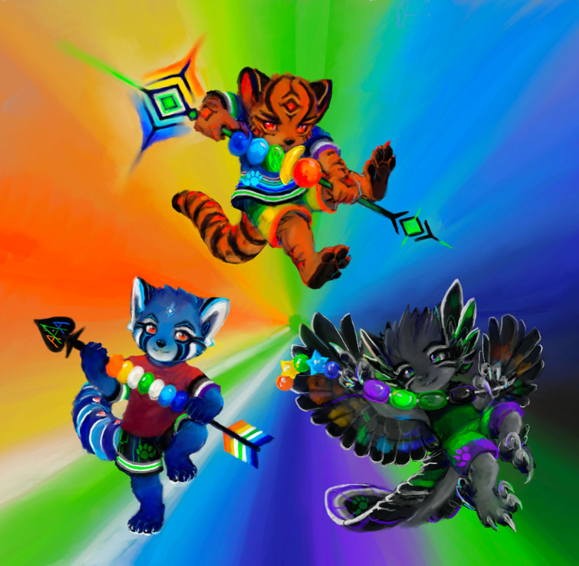 3 chibiish anthro characters each with a version of the triple-A / Aromantic Asexual Agender flag & related props. Happy pride!

thylacoleo  🧡💛💚🩵💙 (Parel)
simocyon 🧡💛🤍💚🤍💙🩵 (Tiv)
balaur 🖤💚🐸💜 (Ras)