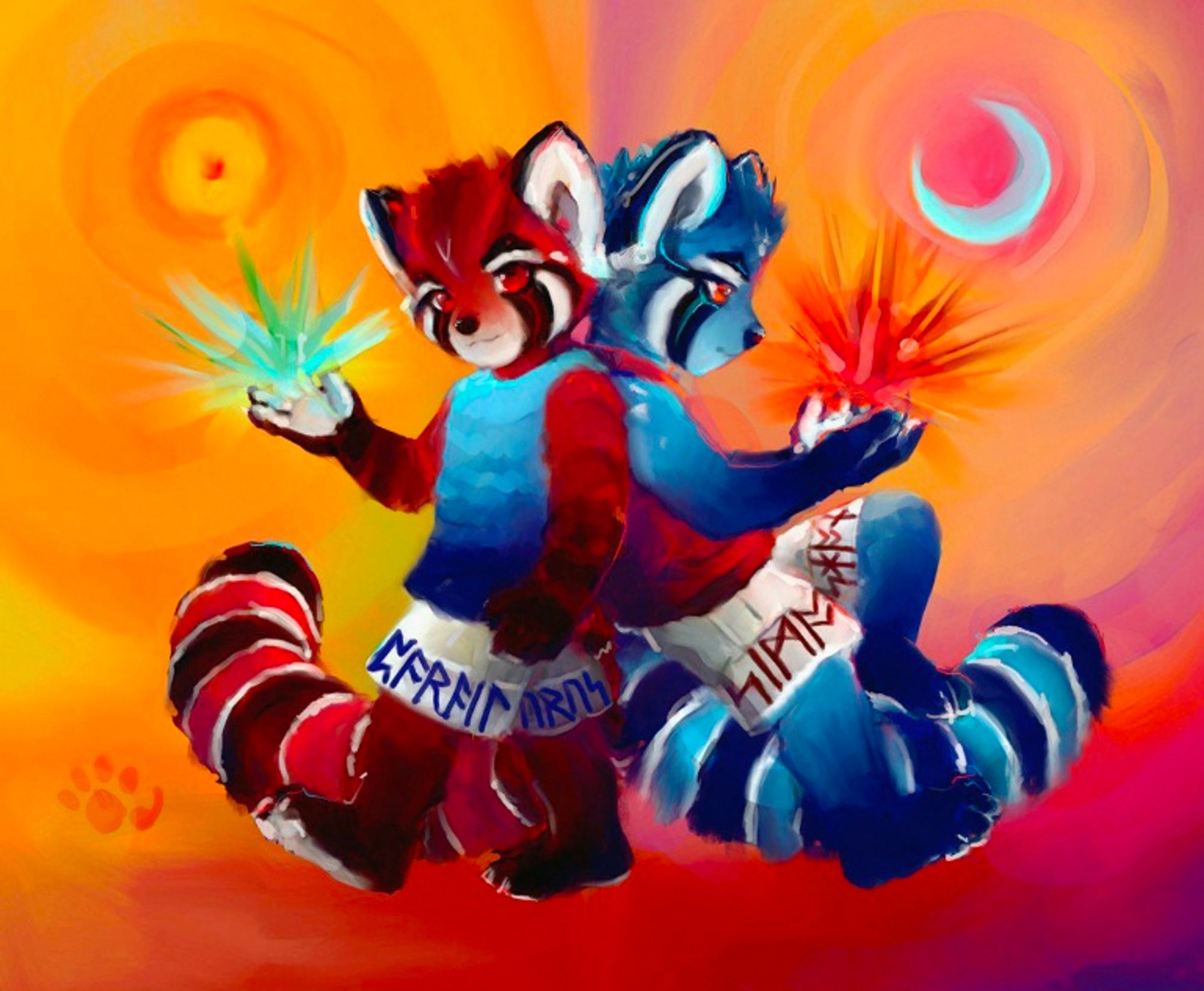 2 prehistoric red panda furry characters abstractly symbolizing the autumn equinox, which directly follows international red panda day. Bix (red) is a parailurus while Tiv (blue) is a simocyon.