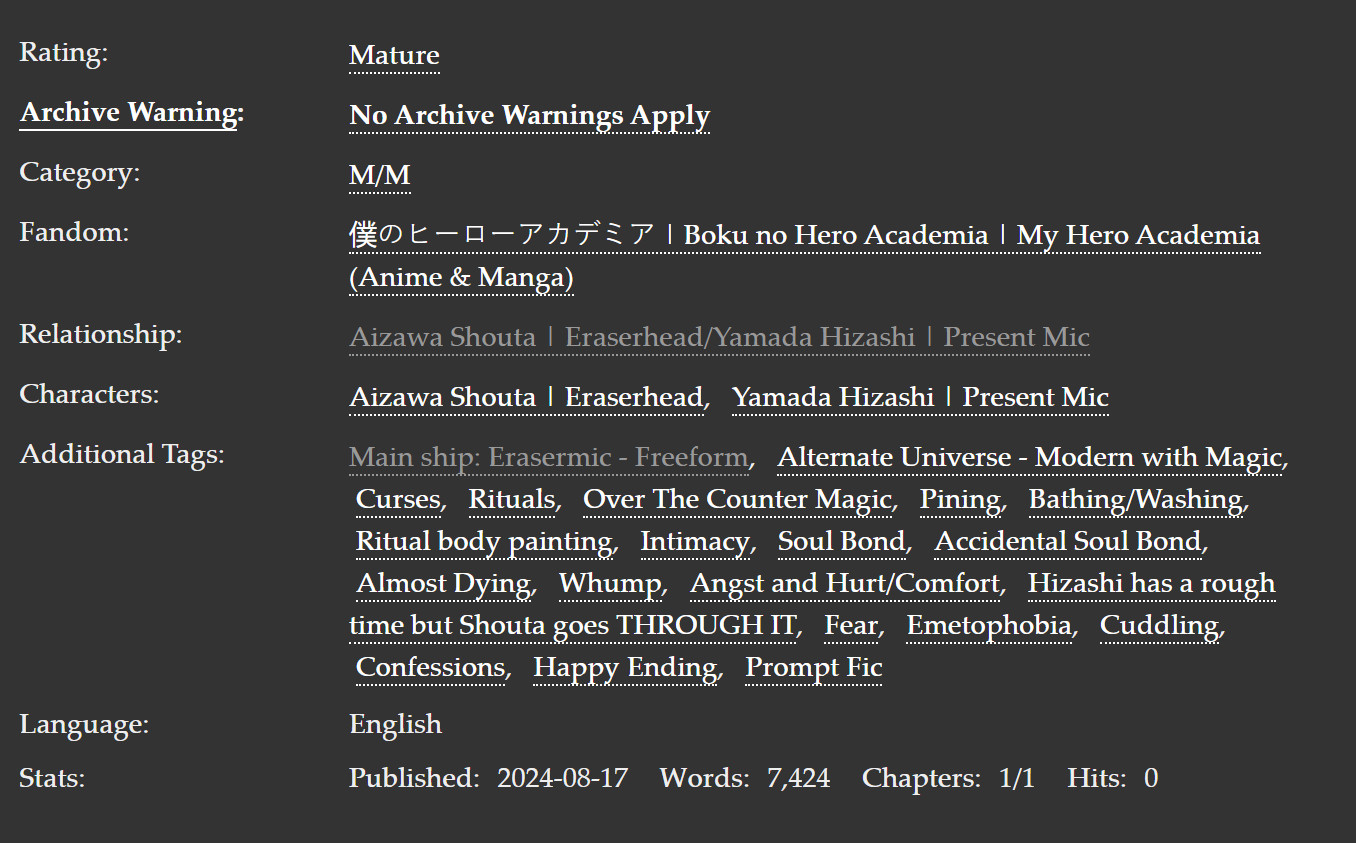 A screenshot of the tags of a fic.

Rating:  Mature.
Achive Warning:  No Archive Warnings Apply.
Category:  M/M.
Fandom:  BNHA.
Relationship:  Aizawa Shouta/Yamada Hizashi.
Characters:  Aizawa Shouta, Yamada Hizashi.
Additional Tags:  Main Ship: Erasermic, Alternate Universe Modern With Magic, Curses, Rituals, Over The Counter Magic, Pining, Bathing/Washing, Ritual Body Painting, Intimacy, Soul Bond, Accidental Soul Bond, Almost Dying, Whump, Angst and Hurt/Comfort, Hizashi has a rough time but Shouta goes THROUGH IT, Fear, Emetophobia, Cuddling, Confessions, Happy Ending, Prompt Fic.
Language:  English.
Stats:  Published 2024-08-17.  Words: 7,424.  Chapters: 1.