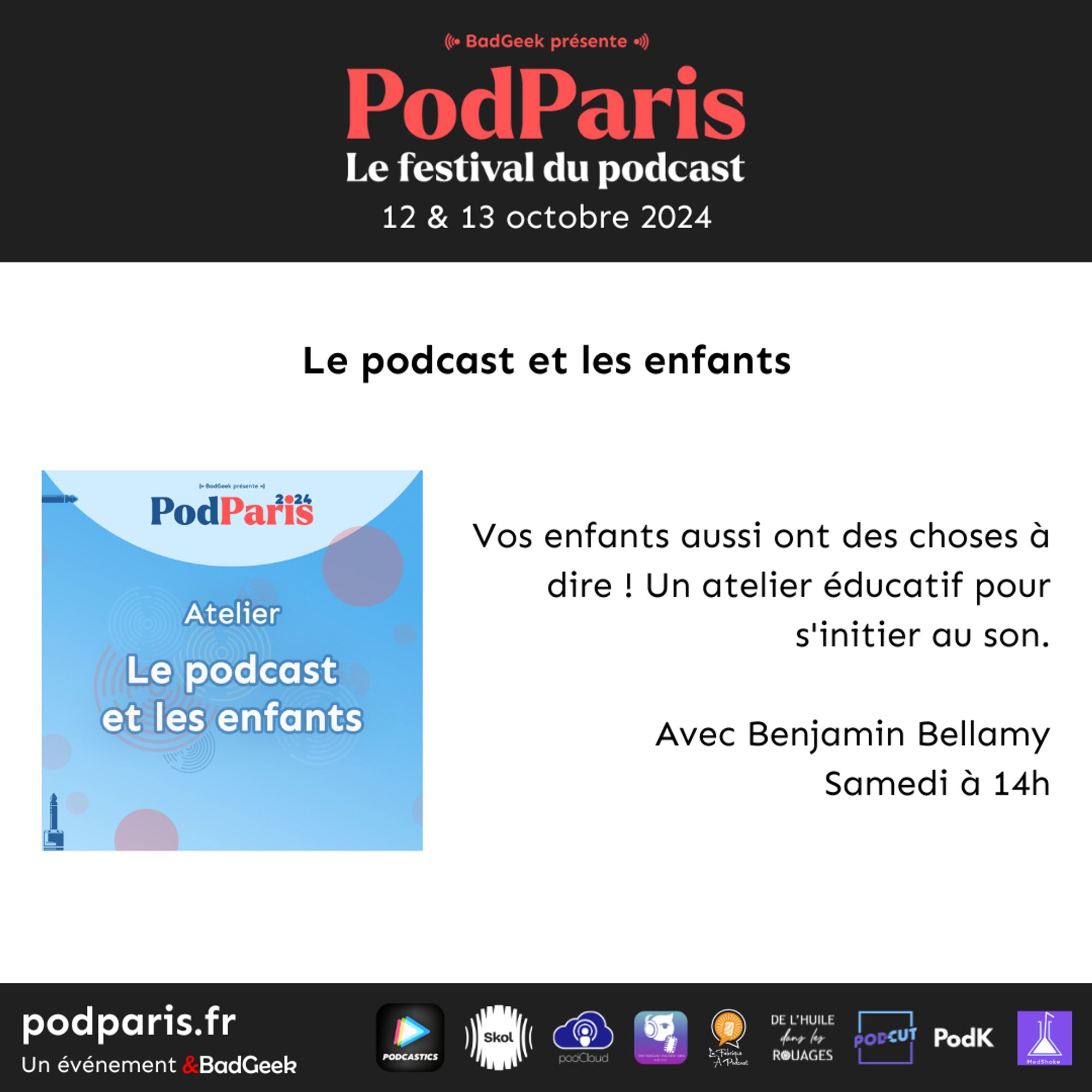 Le podcast et les enfants
Vos enfants aussi ont des choses à dire ! Un atelier éducatif pour s'initier au son.

Avec Benjamin Bellamy
Samedi à 14h