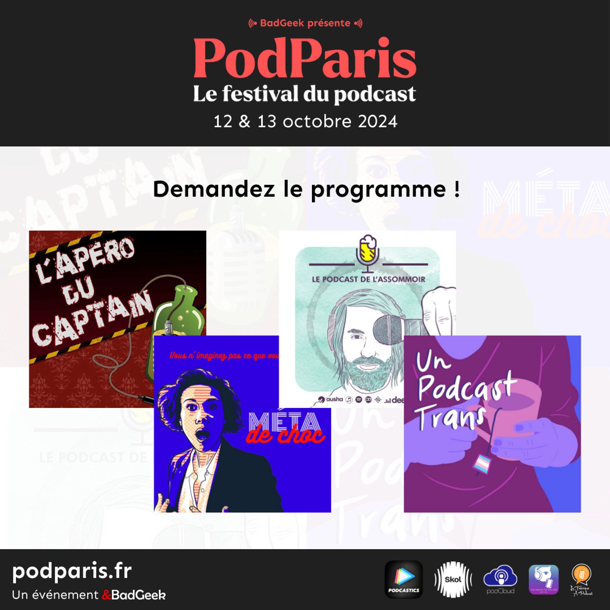 Image affichant les quatre premiers noms de PodParis : l'Apéro du Captain, Méta de Choc, le podcast de l'Assommoir et un Podcast Trans