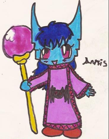 [One of my first drawings of Annis, from 2003, but not my first one. This also wasn't my "main style" at the time.]

A marker illustration of a young monster woman. Her skin is sky blue, and her eyes are fuschia. Each of her eyes have one long eyelash. She has long, pointed ears that have some sort of segmentation to them, and they stand straight up. Her hair is ultramarine blue, tousled on top with a fringe and slightly wavy as it goes down.
She is wearing a flowery pink robe of some kind, featuring a zigzag pattern across its seams and the image of some kind of red-eyed bat at the front. Her shoes are red and rounded, and she holds a large staff with a gigantic, translucent, magenta orb on top. Her expression looks surprisingly cheerful.