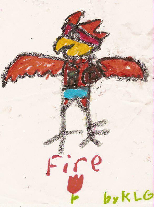 [My first drawing of Fire, from 2000] 

A pastel illustration of a red bird character. His irises are black with a big white shine in them. His body is a bright poppy red, and his golden-yellow beak is smiling. His "hairfeathers" are spiky. He appears to be standing with his wings outstretched from each side. He is wearing a brown vest that is open (he isn't wearing a shirt underneath), with a patch of a tree on it. He also wears sky blue shorts.
Underneath him is his name, Fire, with a drawing of a red tulip with a lime green stem and one leaf. Beneath that says, "by KLG."