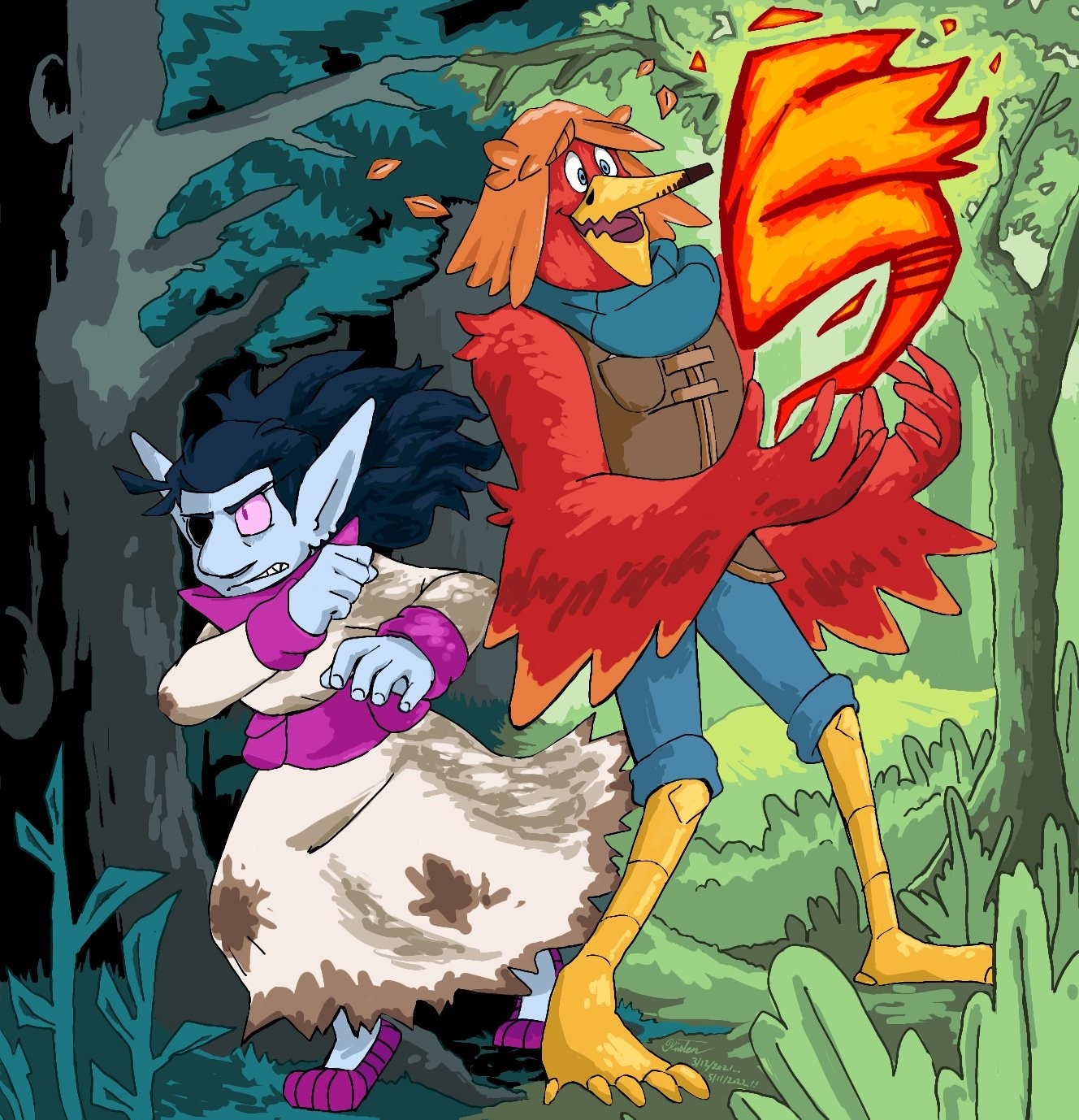 [2022 illustration]
Fire & Annis are standing next to each other, back-to-back. Both of their designs have changed over the years.
Fire is red, with orange "hairfeathers" that resemble a "hair"cut reaching his chin, with a long fringe and one feather that rests right between his eyes (but in this illustration it's flying upward). He has thick eyebrows, & he molts feathers instead of sweating sweatdrops. His beak is golden yellow, & he has five teeth (bird teeth like an achaeopteryx): three on each side on top & two on each side on the bottom. His eyes are pale blue. He wears a blue-green scarf. His vest is brown, with a single pocket above his chest on the left, & it has a lighter brown lining going down the middle. His arms have large, wing-like shapes on his forearms, with orange tips. He wears blue trousers that are rolled up just above his knees. His legs are golden yellow, with a diamond shape over each knee. His feet have five claws. He stands with his legs far apart, holding a bizarrely 2D-looking flame in his hands, while his expression is a mixture of anxiousness & excitement.
Annis looks ready to dash towards a fight. She has pale blue skin, with two large, pointed ears that have three earlobes each. Her teeth are gritted, one of her fangs visible. Her hair is a dark, navy blue that is pushed back, though two cowlicks stubbornly face forward anyway. The rest of her hair flows out behind her, almost like an explosion. Her nose is large & shaped a bit like a hazelnut. She has one eye: her existing eye is sharp, mulberry & pale pink. Her eye socket is unusally smooth. She wears an off-white dress that has patches of mud on it where her joints are, & along the bottom of the skirt. The dress has a large, magenta collar, cuffs, & a band around the waist with a pocket on each side. 

Together they stand in a forest that is lit in sunlight on Fire's side, & cast in shadow on Annis' side. Above their heads, two branches reach out & meet each other in the middle.