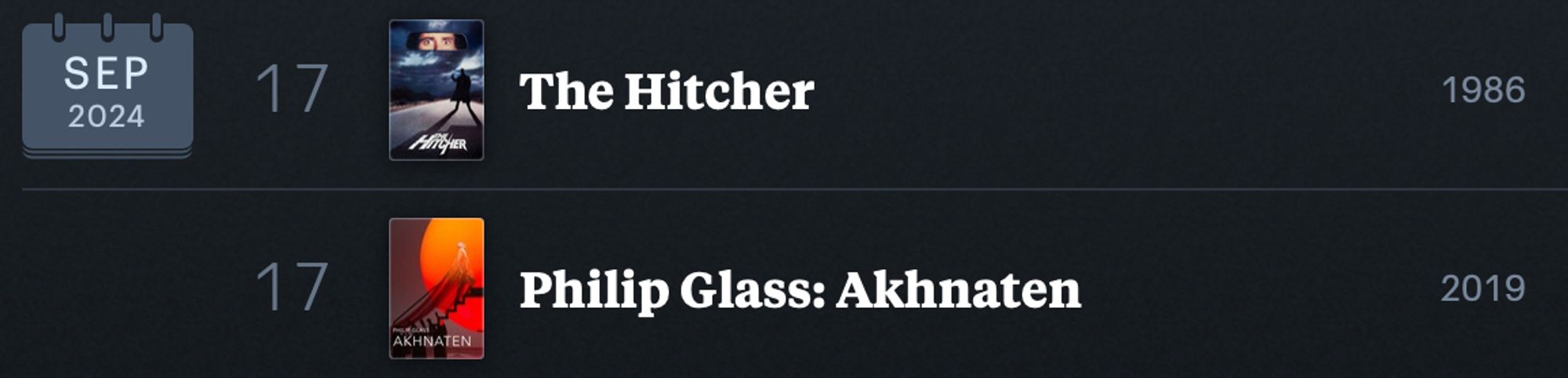 Letterboxd Einträge für The Hitcher (1986) und Philip Glass: Akhnaten (2019)