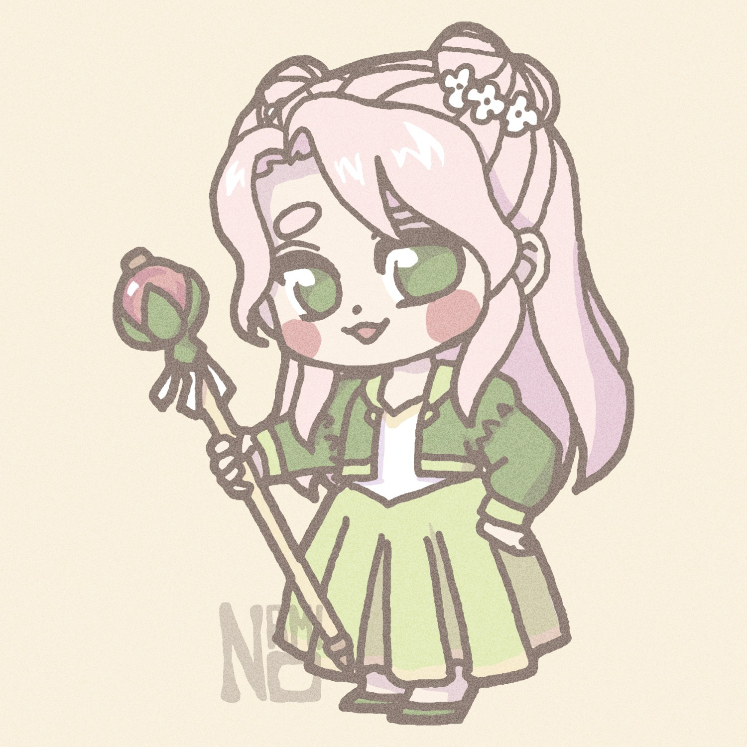 chibi drawing of a pink haired dnd character. she is holding a staff and has flowers in her hair. she is very friendly! she's also a coldhearted murderer but thats not important