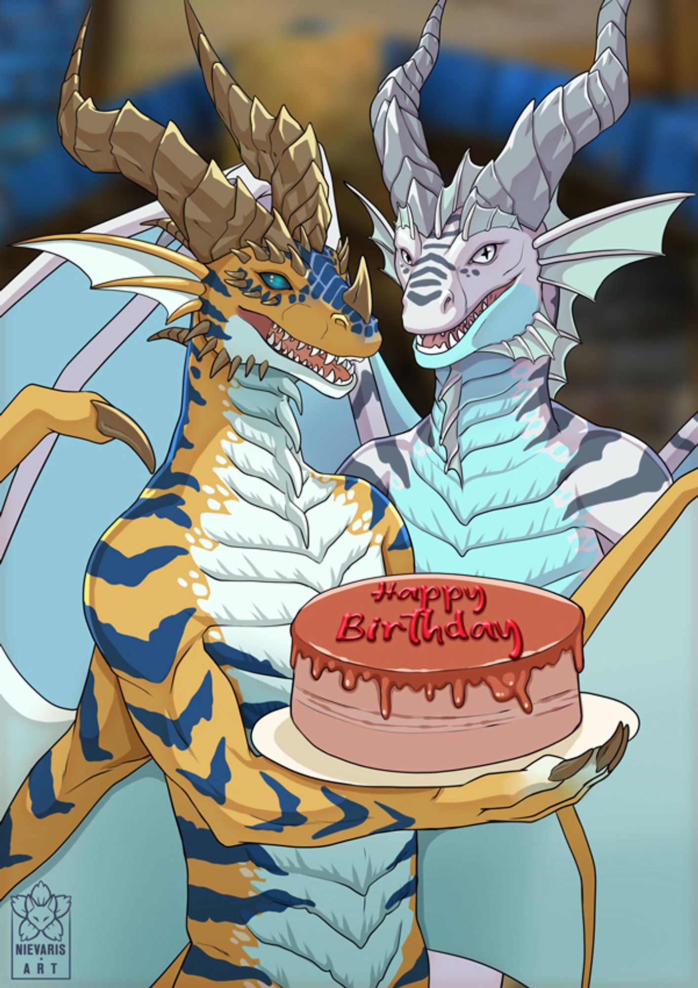 Two Dracthyr with a birthday cake