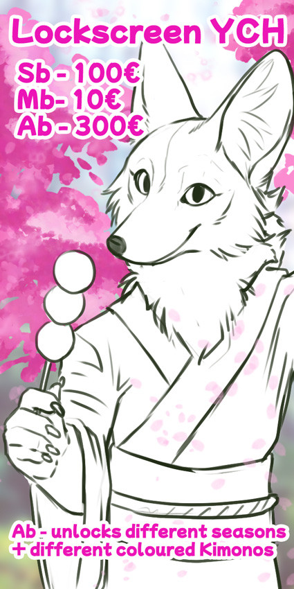 Your Character here base offered with a fox, taking a selfie while holding a Dango in their right hand and wearing a Kimono. Pink Sakura trees are in the background.