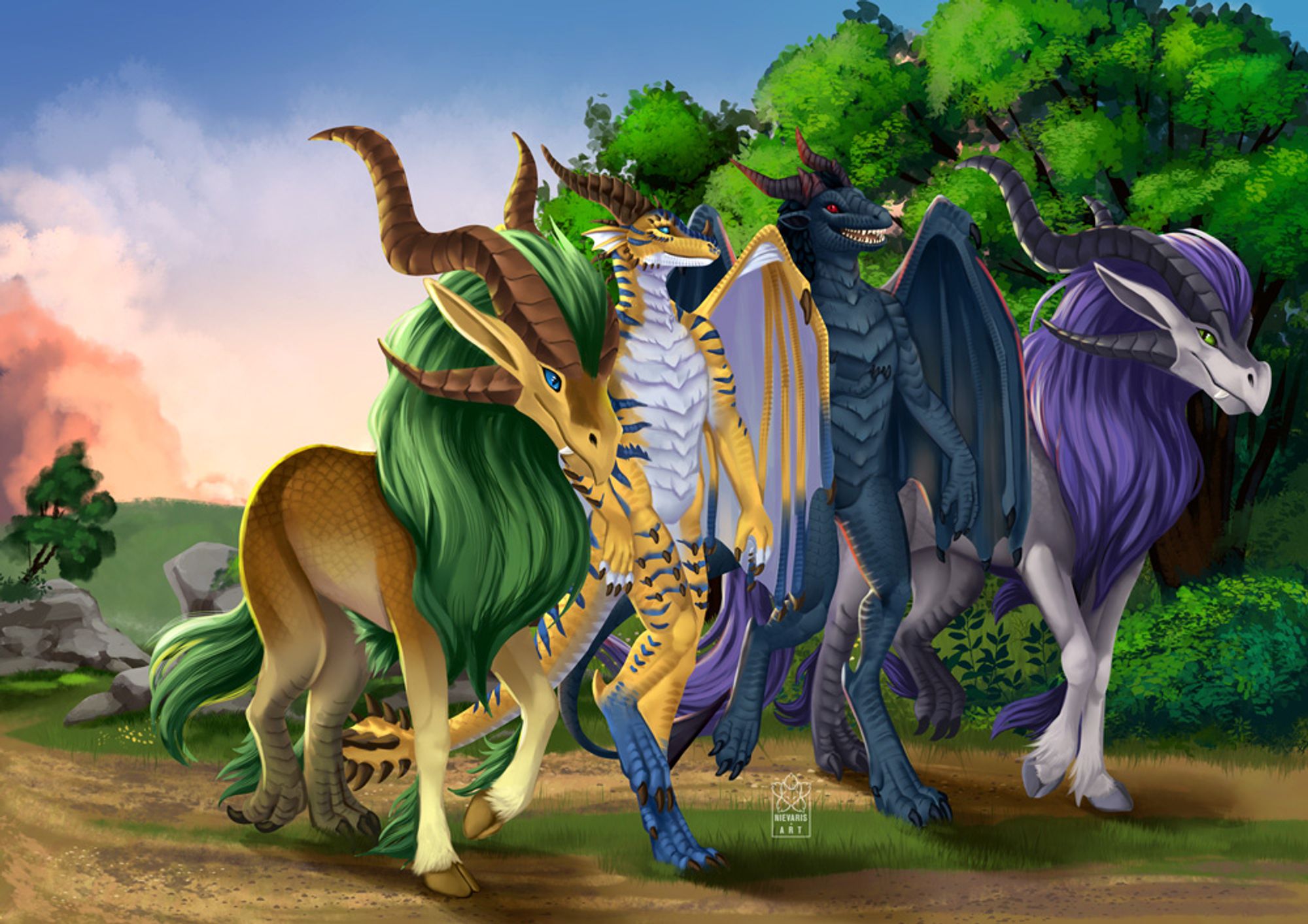 Two Dracthyr taking a walk with their mounts.