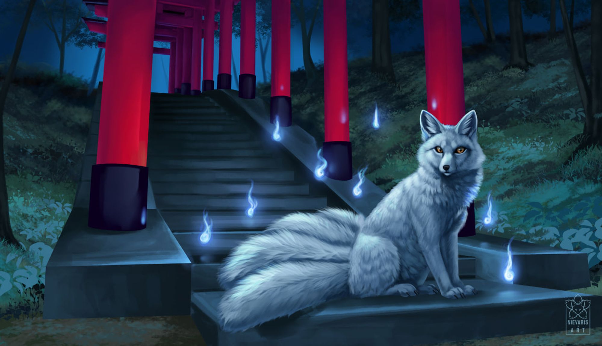 A feral Kitsune sitting in front of a long staircase, surrounded by red Toriis with some blue fox fire around them.