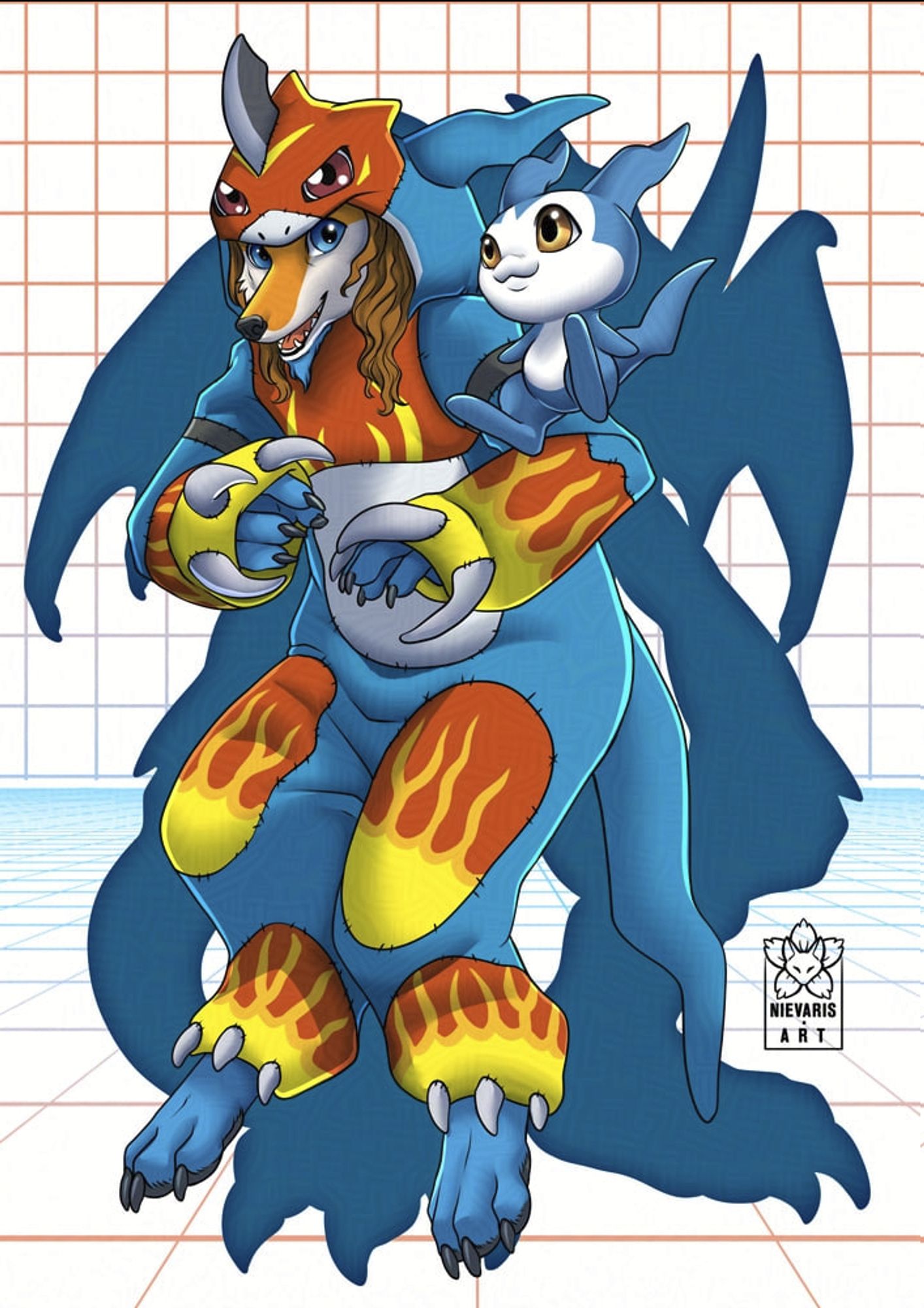 Jyrki wearing a Flamedramon Kigurumi with a DemiVeemon over their arm and Exveemon's silhouette in the background.