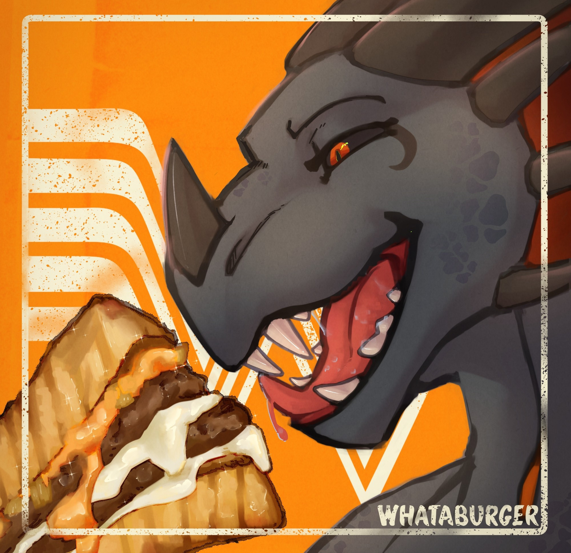 A grey and black dragon with his maw open, excited to eat a whataburger patty melt