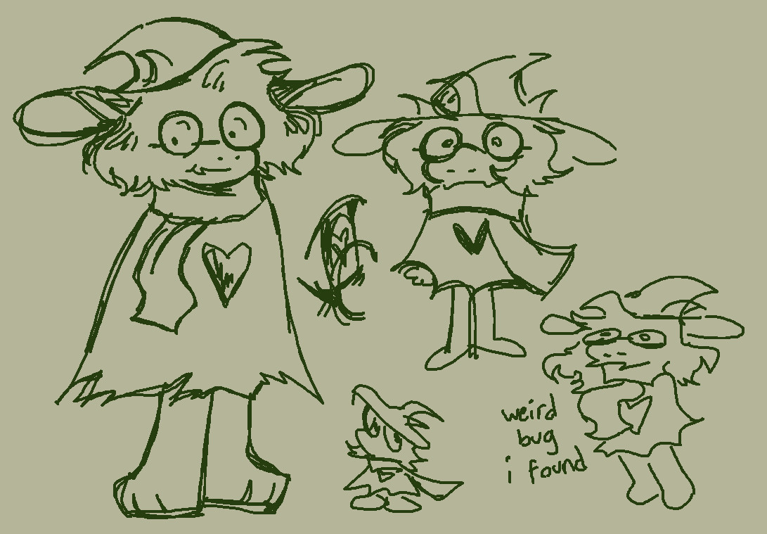 several hatted ralsei sketches of drastically varying quality levels. written next to one of them is text that reads "weird bug i found"